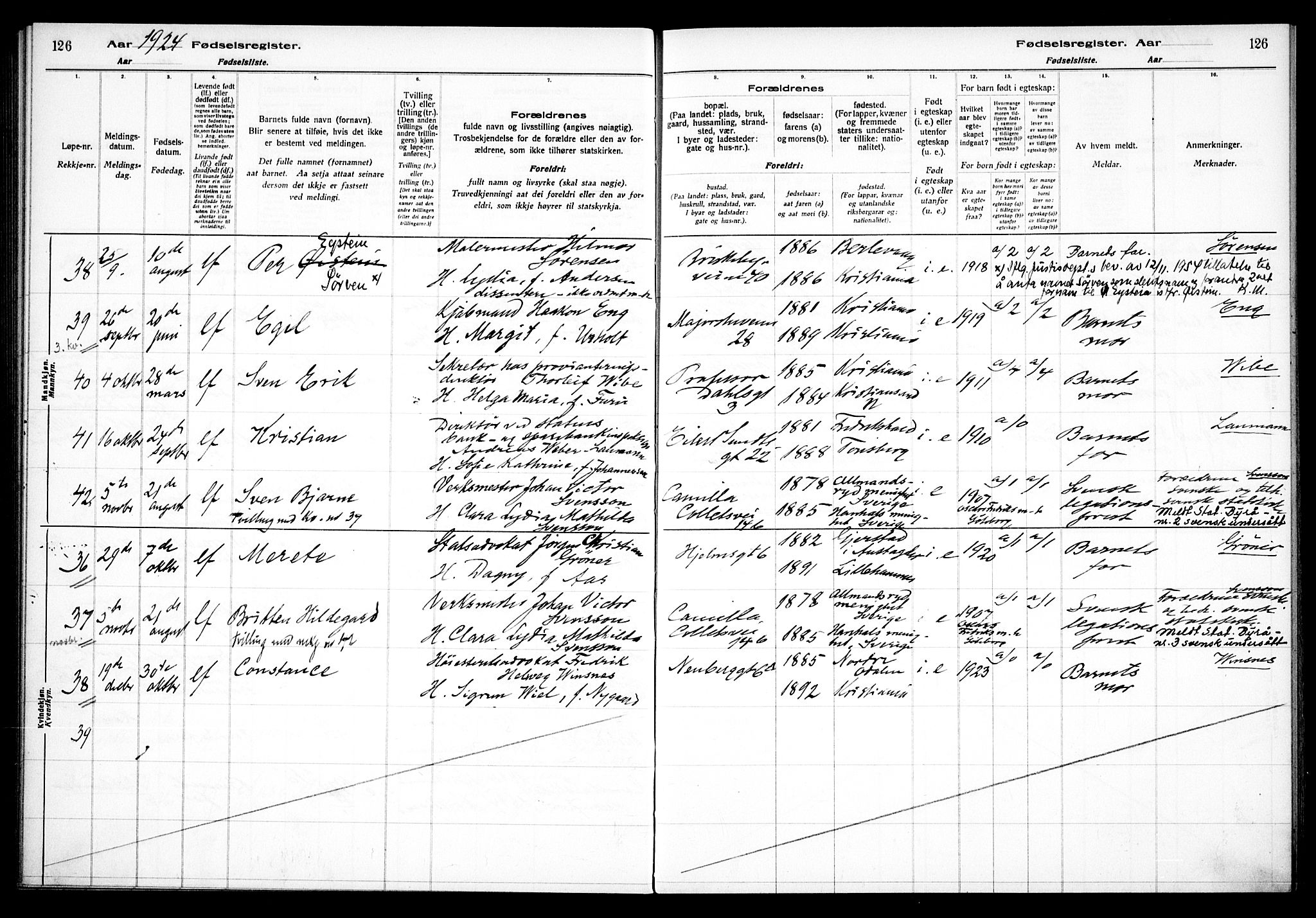 Uranienborg prestekontor Kirkebøker, SAO/A-10877/J/Ja/L0001: Birth register no. 1, 1916-1930, p. 126