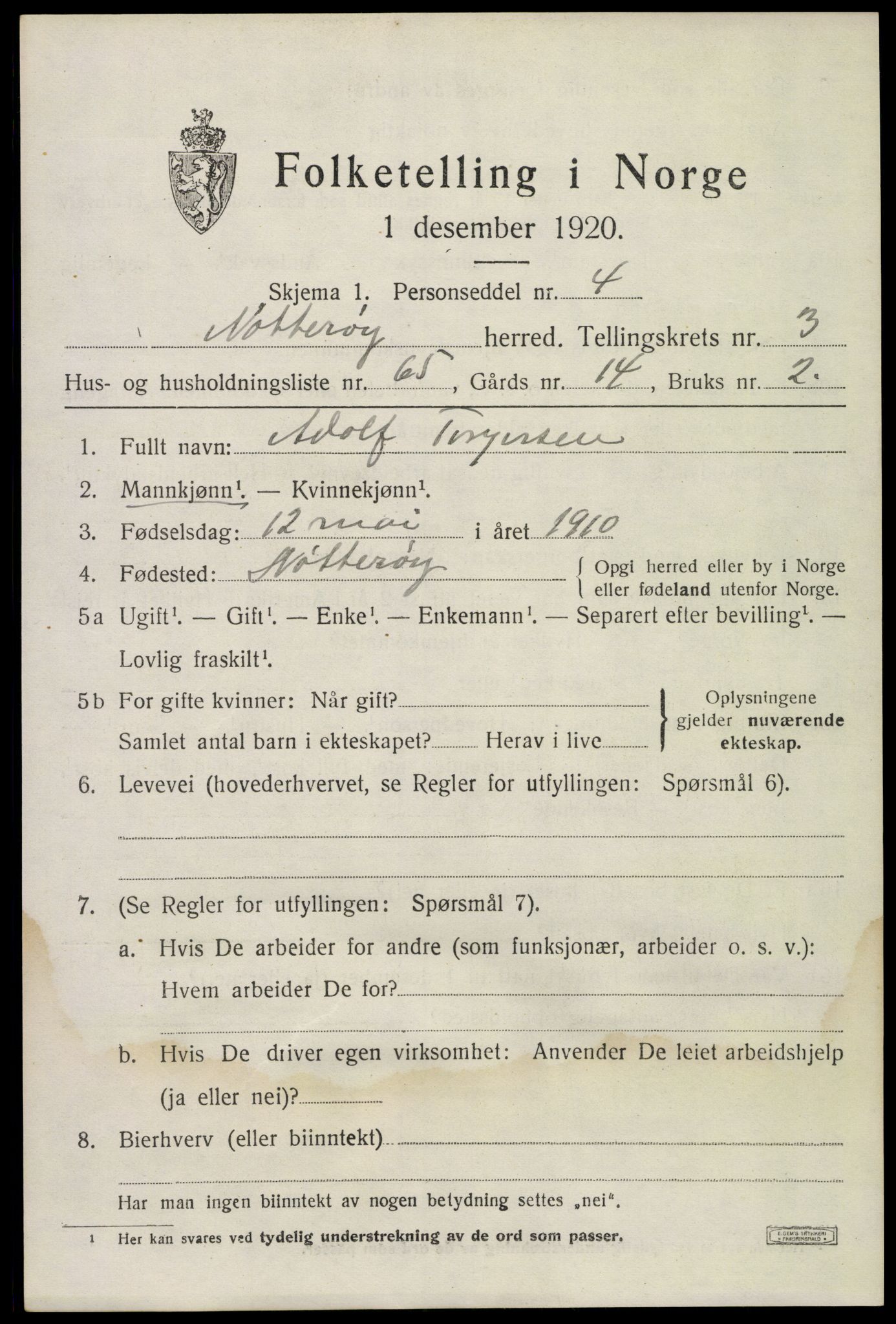 SAKO, 1920 census for Nøtterøy, 1920, p. 6243