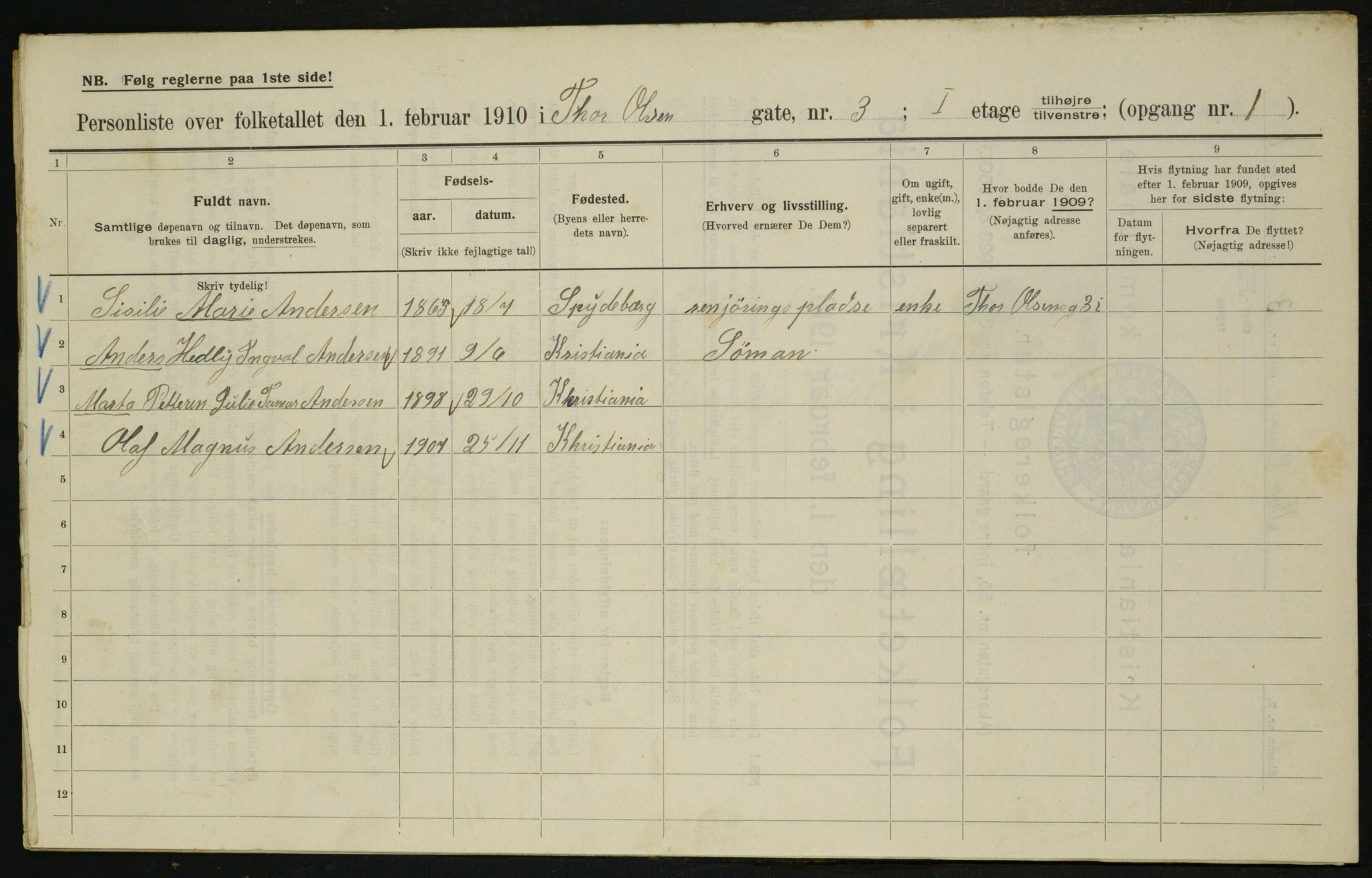 OBA, Municipal Census 1910 for Kristiania, 1910, p. 103724