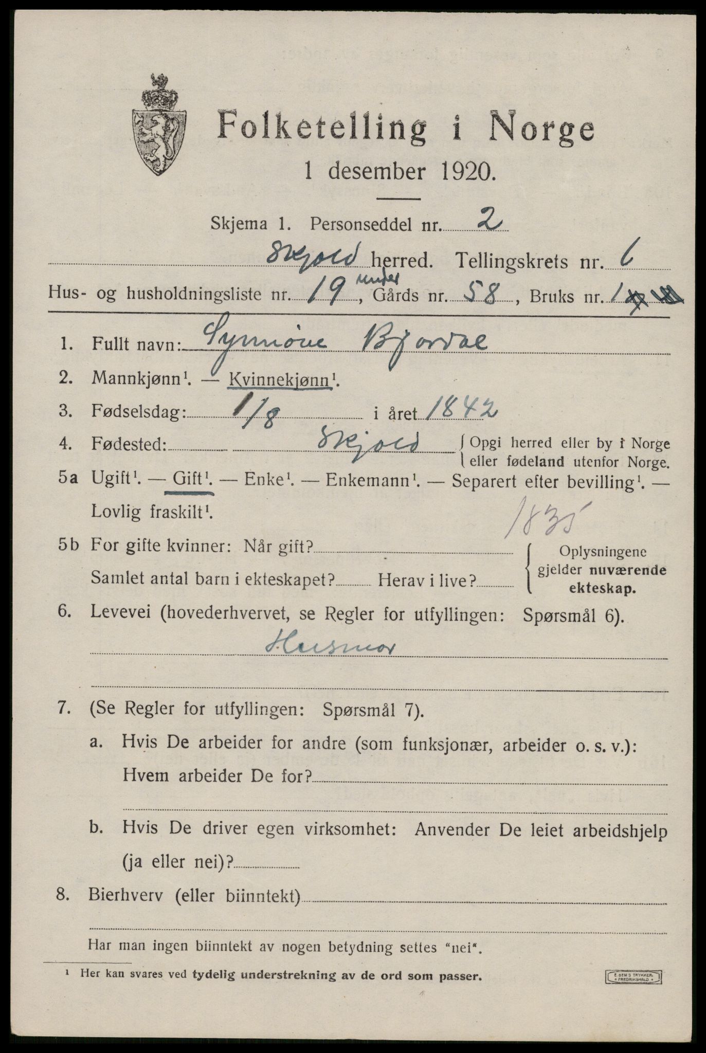 SAST, 1920 census for Skjold, 1920, p. 3344