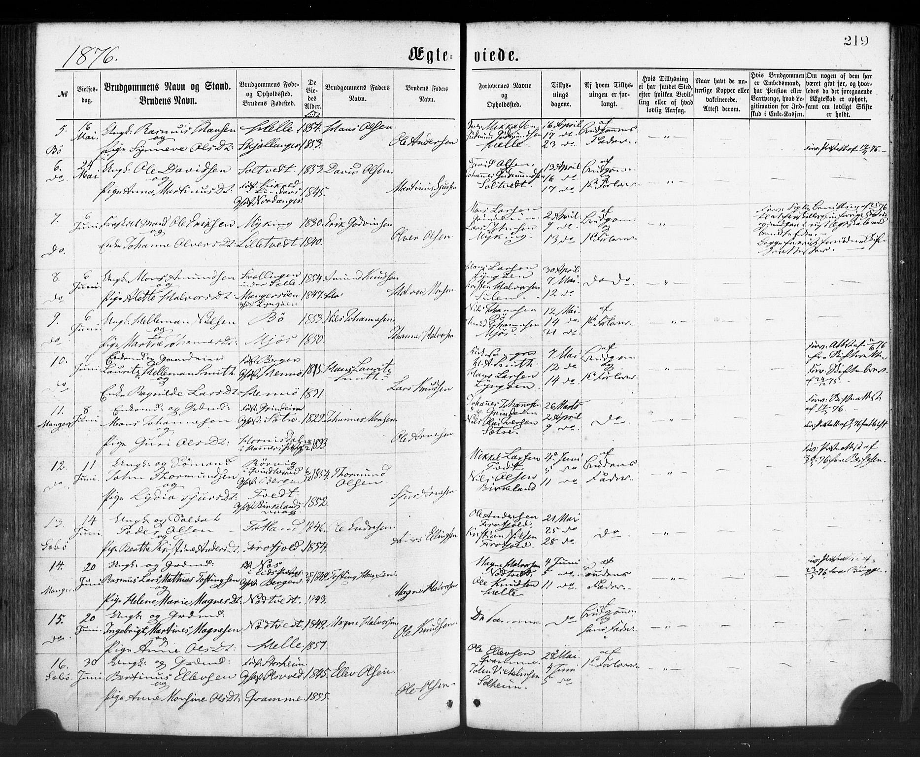 Manger sokneprestembete, AV/SAB-A-76801/H/Haa: Parish register (official) no. A 8, 1871-1880, p. 219