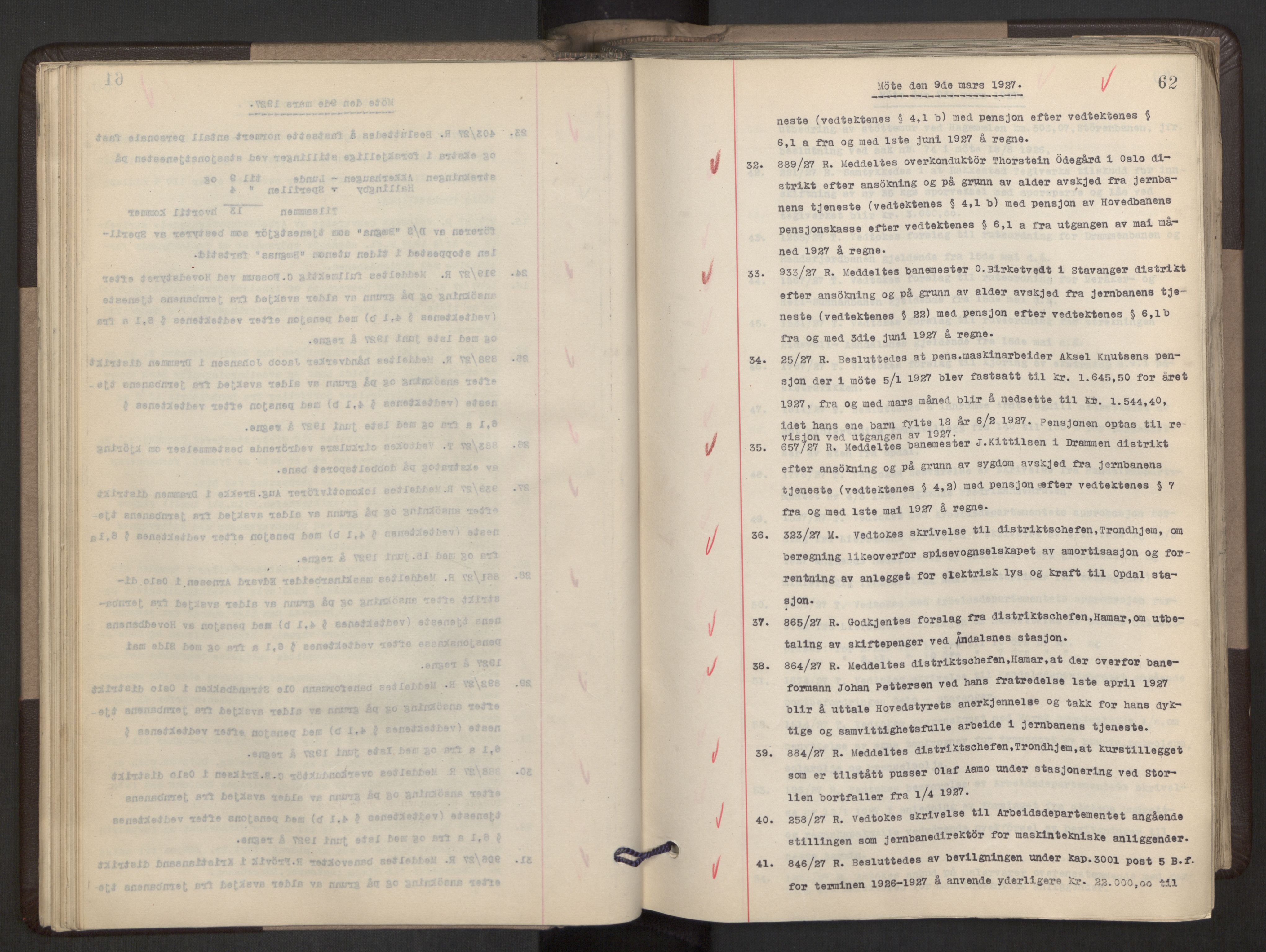 Norges statsbaner, Administrasjons- økonomi- og personalavdelingen, AV/RA-S-3412/A/Aa/L0021: Forhandlingsprotokoll, 1927-1928, p. 62