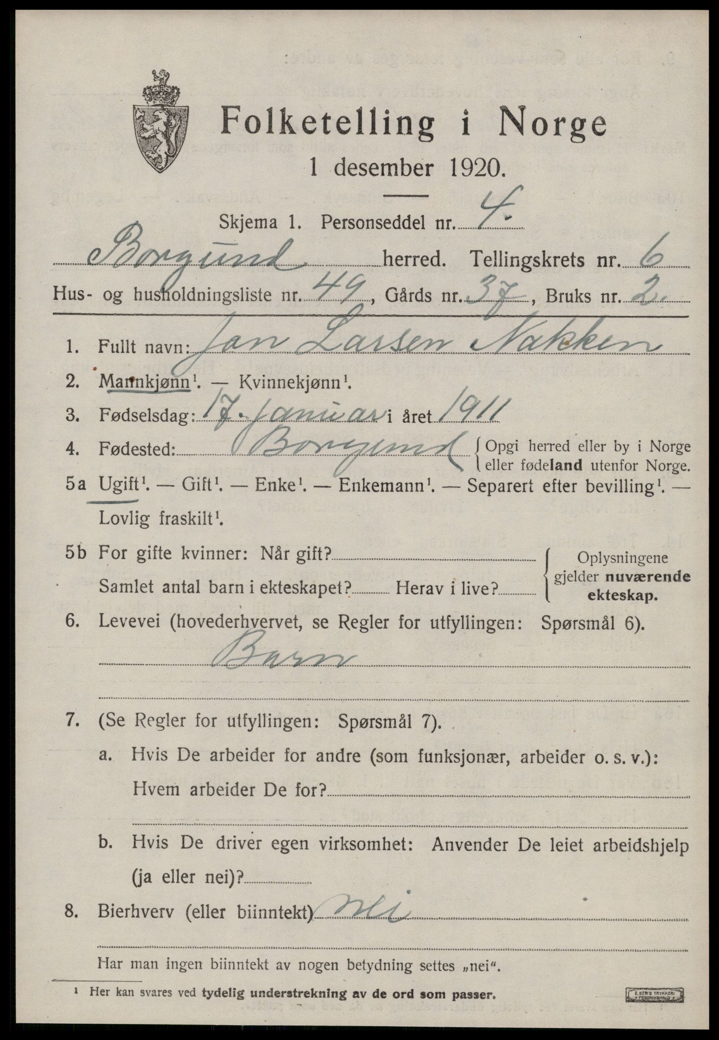 SAT, 1920 census for Borgund, 1920, p. 5778