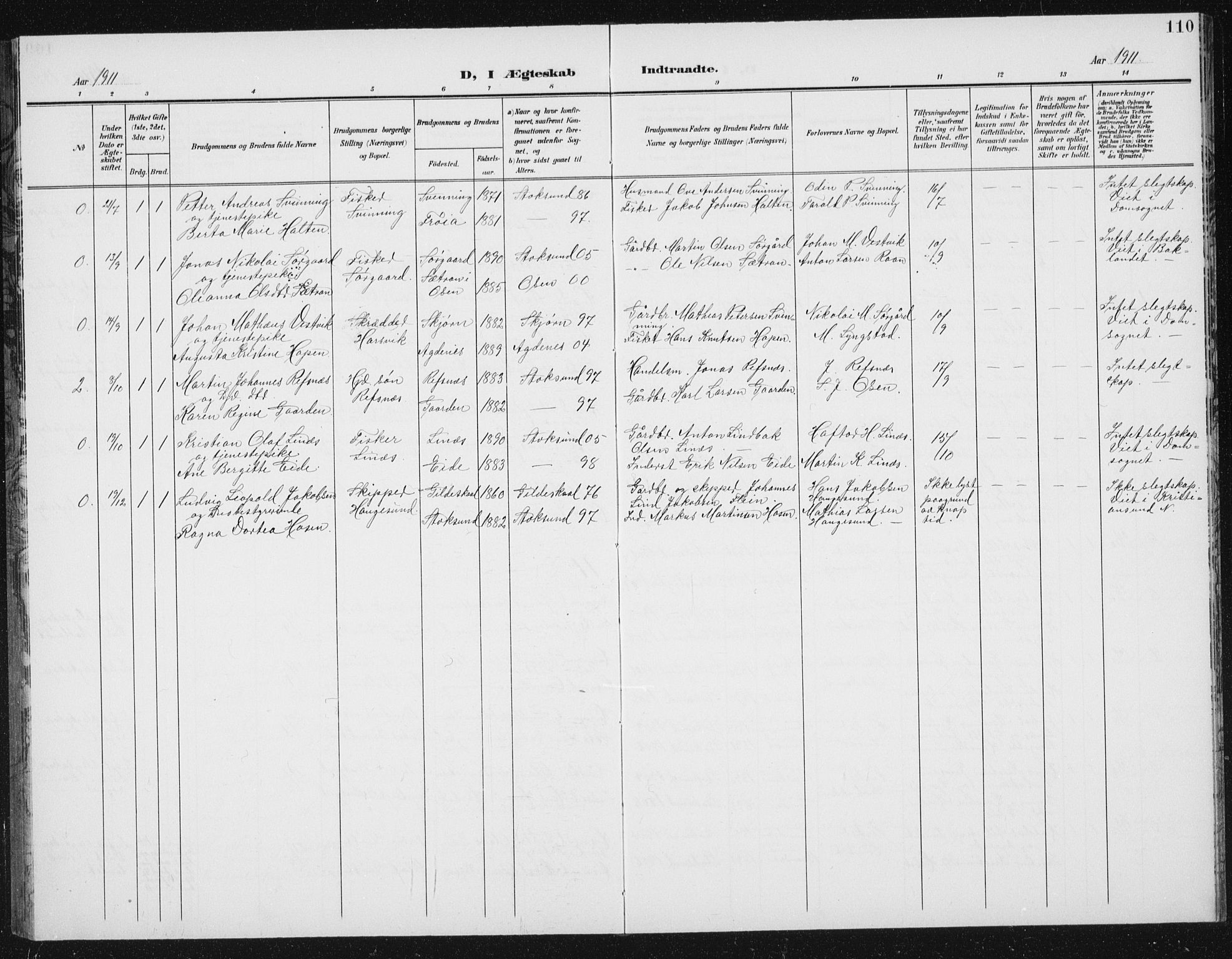Ministerialprotokoller, klokkerbøker og fødselsregistre - Sør-Trøndelag, SAT/A-1456/656/L0699: Parish register (copy) no. 656C05, 1905-1920, p. 110