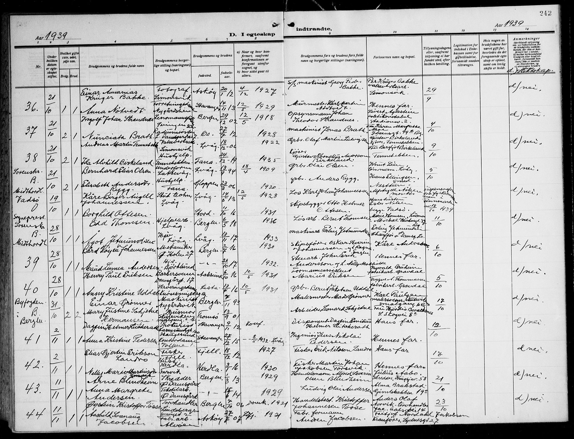 Laksevåg Sokneprestembete, AV/SAB-A-76501/H/Ha/Hab/Haba: Parish register (copy) no. A 10, 1925-1942, p. 242