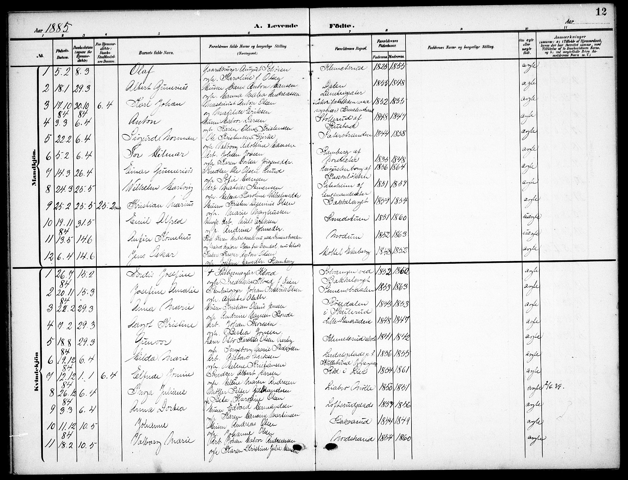 Nordstrand prestekontor Kirkebøker, SAO/A-10362a/F/Fa/L0000: Parish register (official) no. I 0, 1881-1900, p. 12