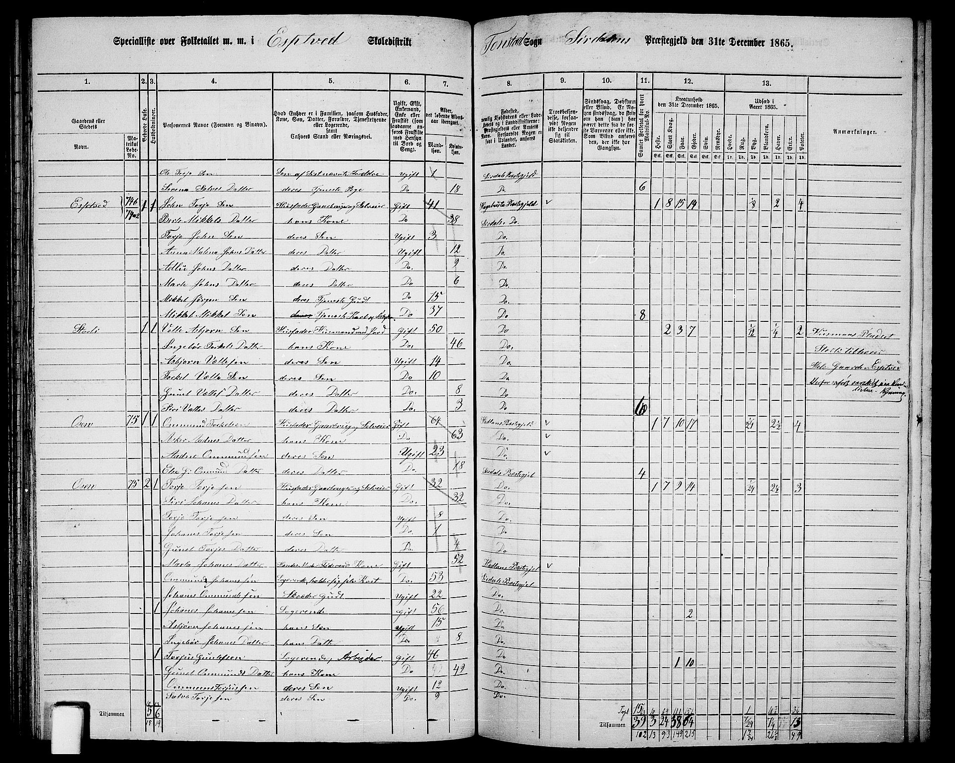 RA, 1865 census for Sirdal, 1865, p. 15