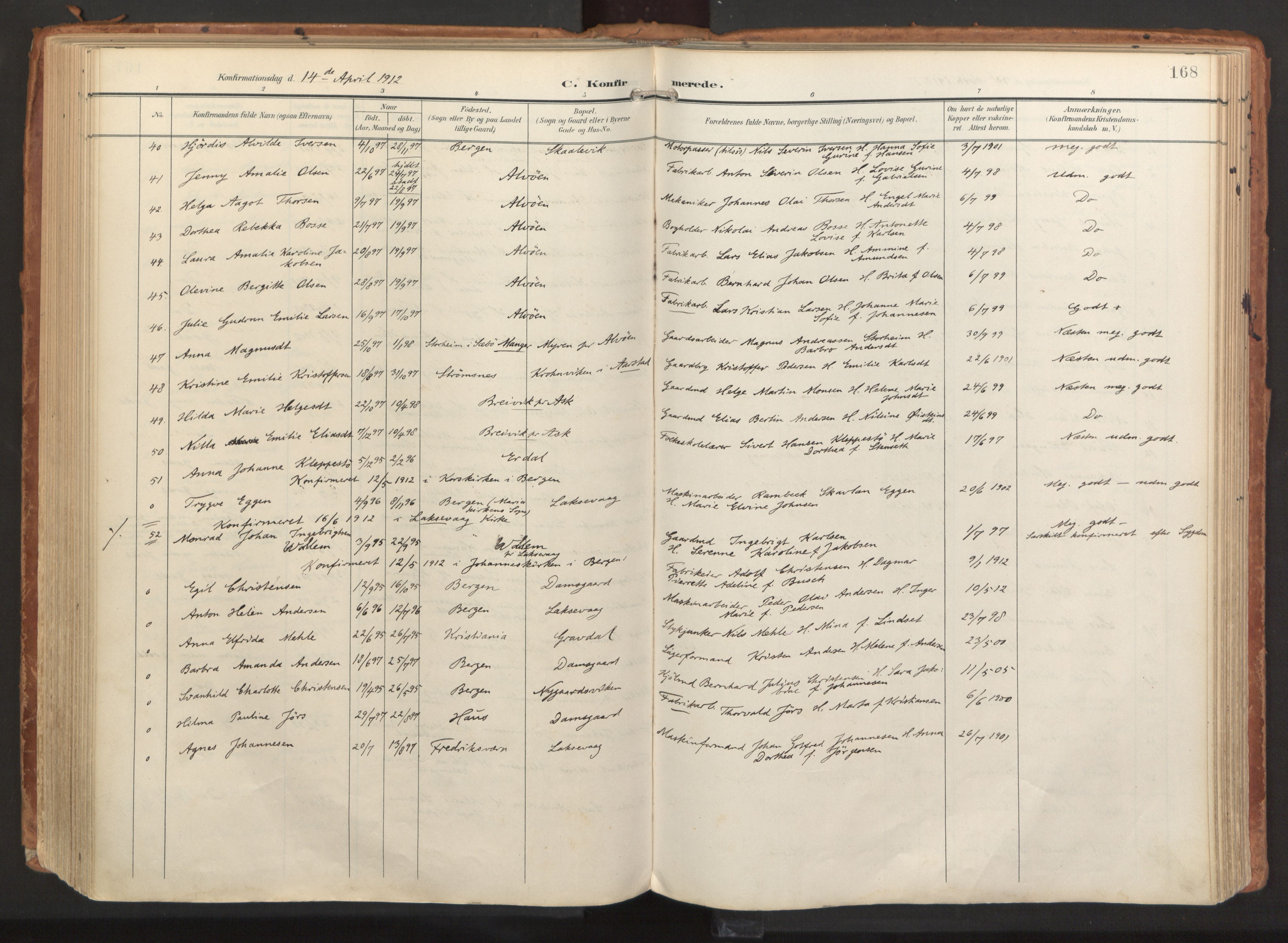 Laksevåg Sokneprestembete, AV/SAB-A-76501/H/Ha/Haa/Haaa/L0001: Parish register (official) no. A 1, 1903-1917, p. 168