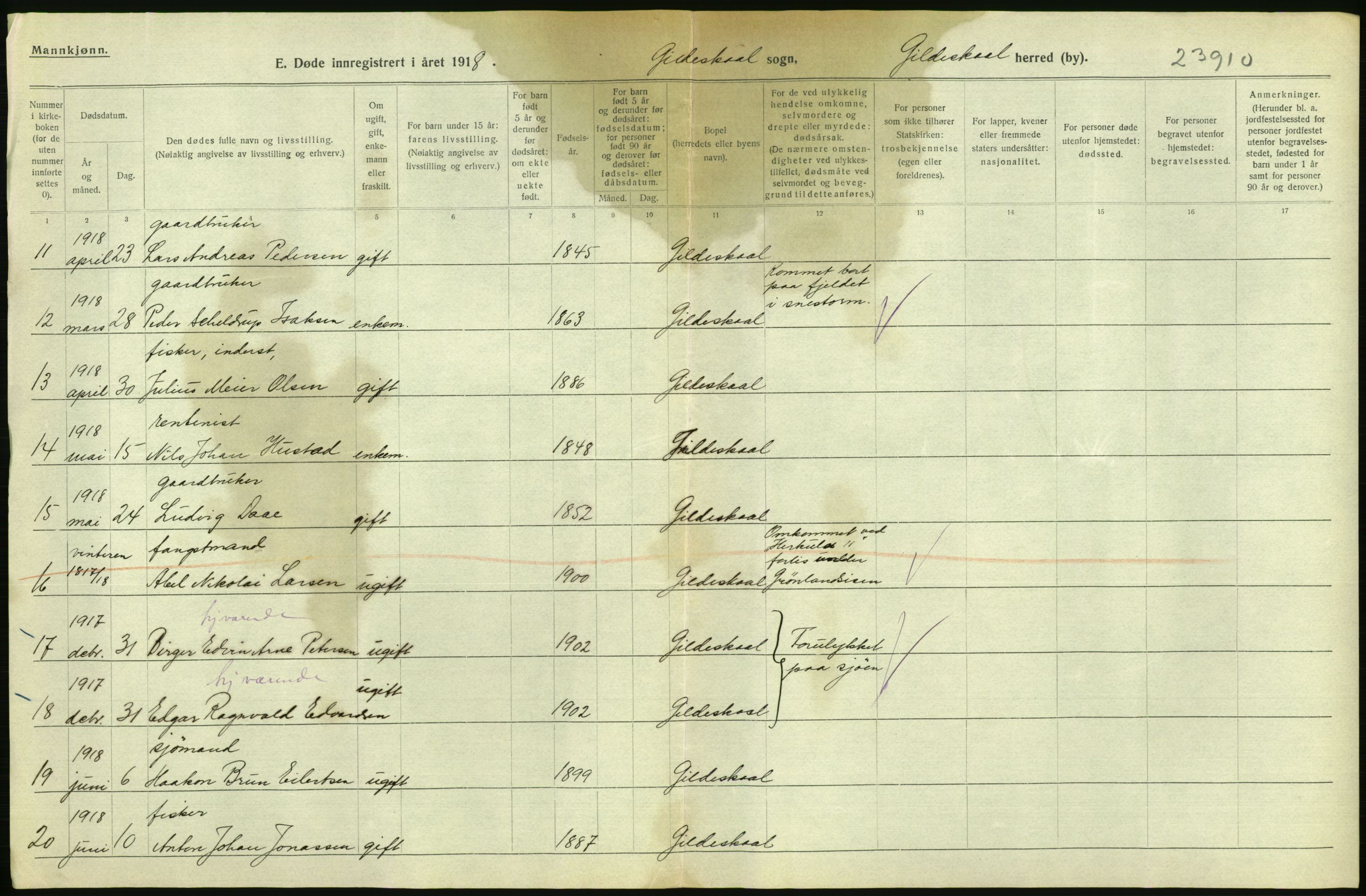 Statistisk sentralbyrå, Sosiodemografiske emner, Befolkning, AV/RA-S-2228/D/Df/Dfb/Dfbh/L0055: Nordland fylke: Døde. Bygder og byer., 1918, p. 284