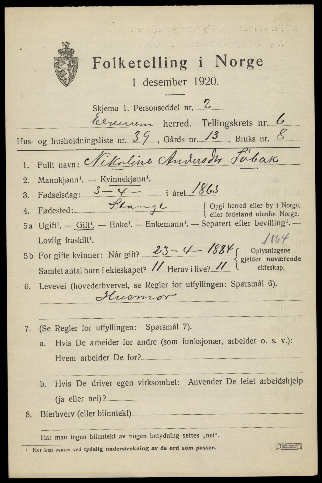 SAH, 1920 census for Elverum, 1920, p. 9800