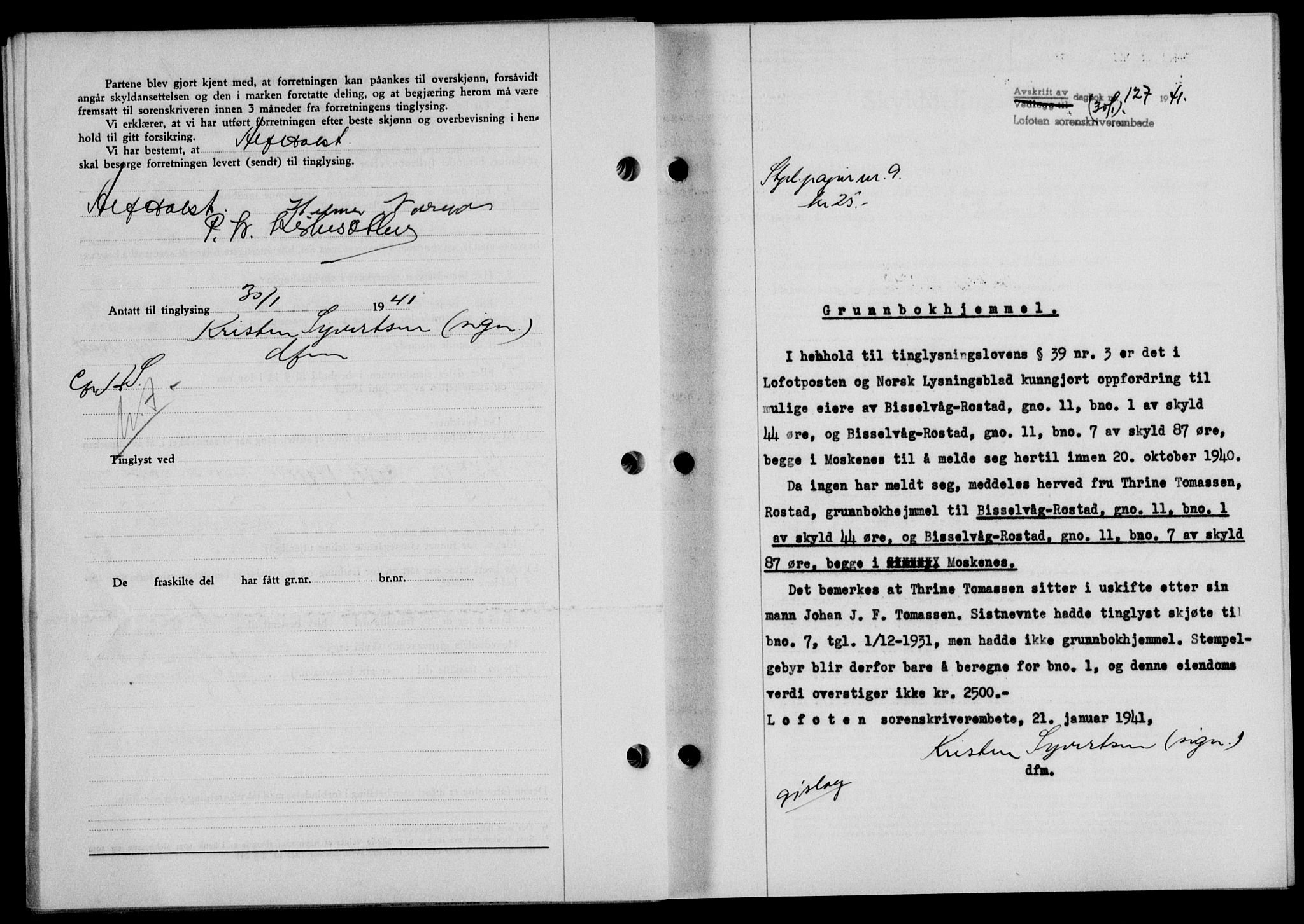 Lofoten sorenskriveri, SAT/A-0017/1/2/2C/L0008a: Mortgage book no. 8a, 1940-1941, Diary no: : 127/1941