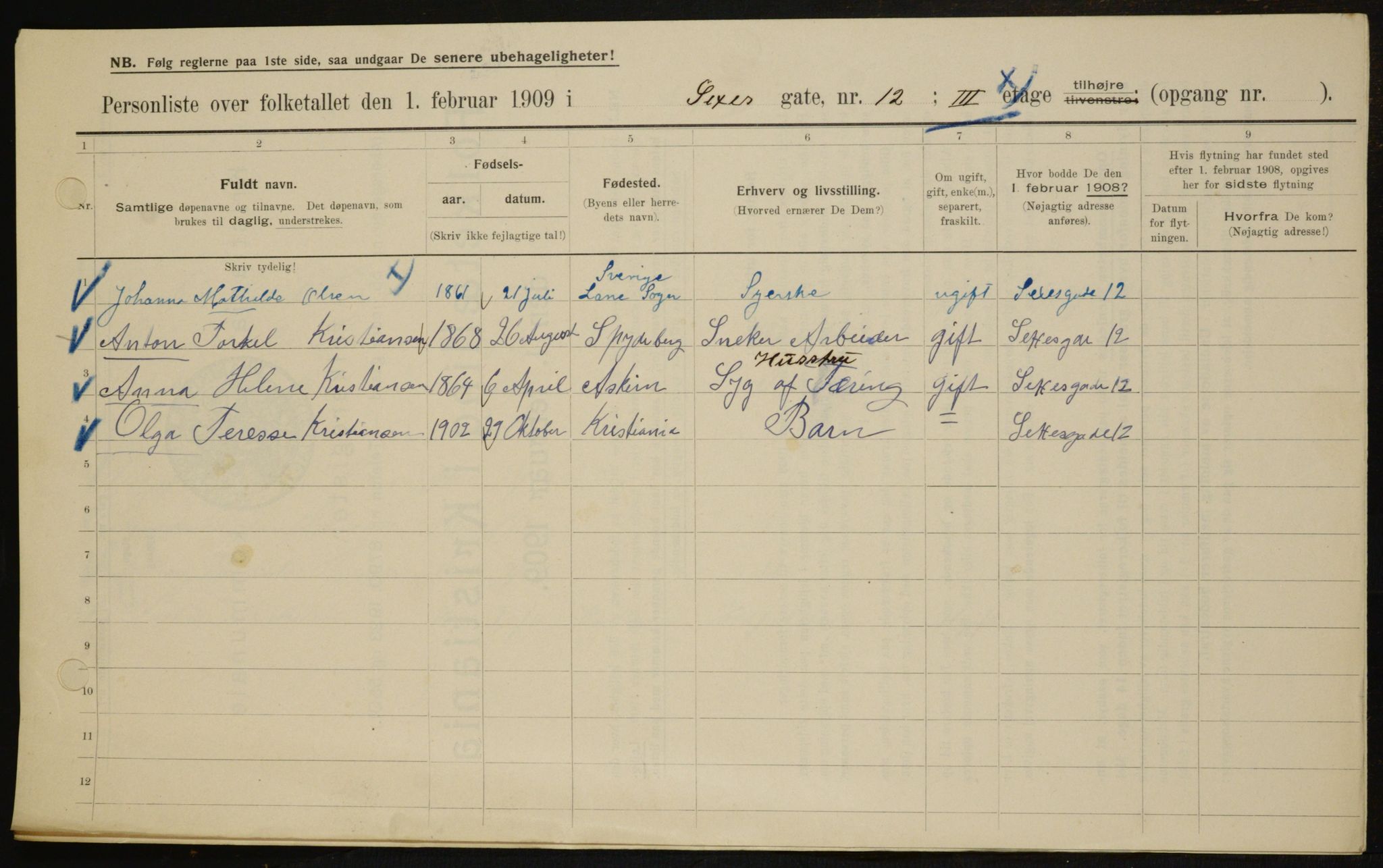 OBA, Municipal Census 1909 for Kristiania, 1909, p. 86022