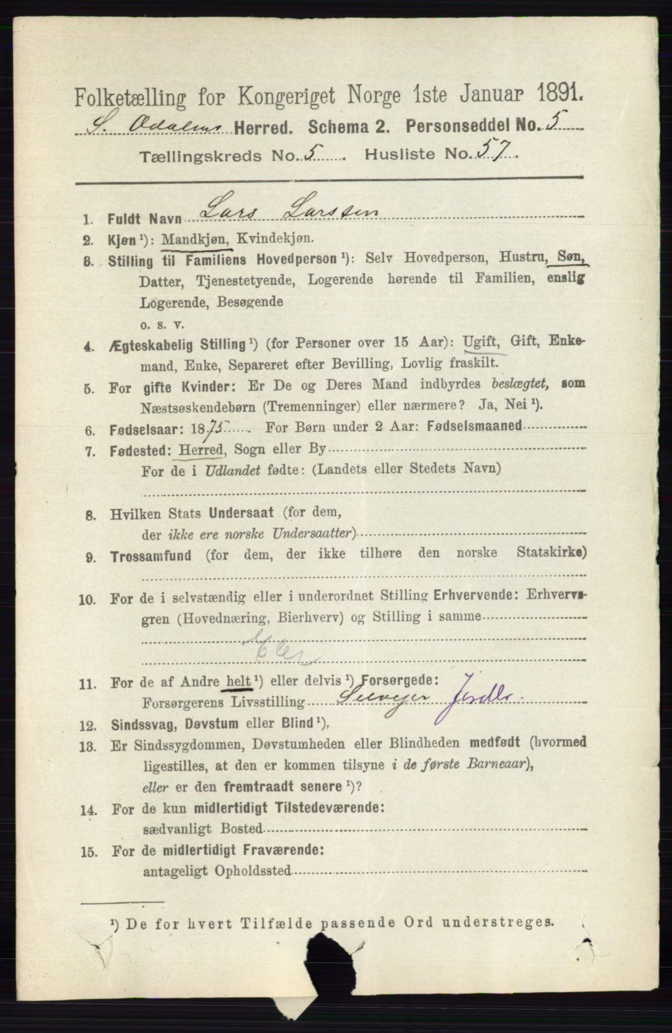 RA, 1891 census for 0419 Sør-Odal, 1891, p. 2682