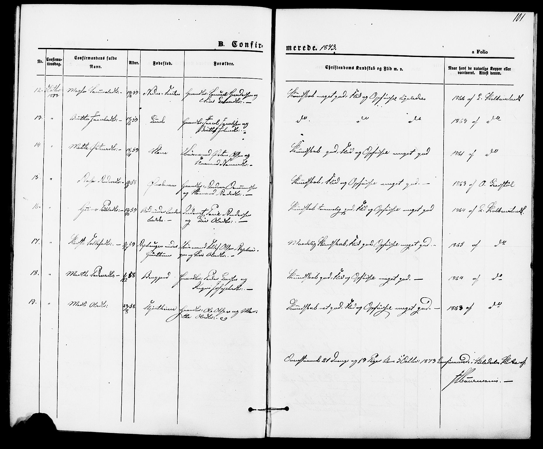 Suldal sokneprestkontor, AV/SAST-A-101845/01/IV/L0010: Parish register (official) no. A 10, 1869-1878, p. 101