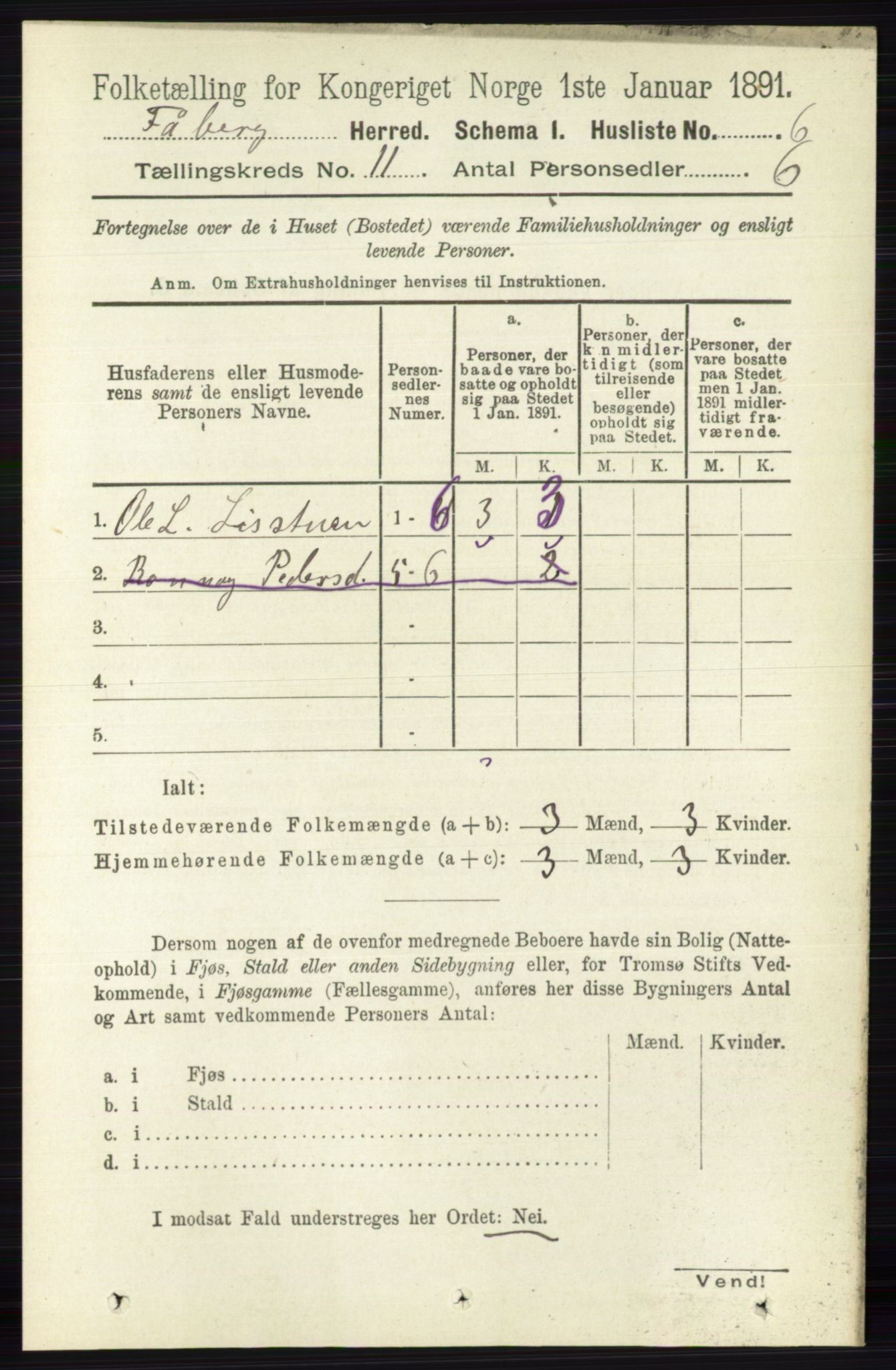 RA, 1891 census for 0524 Fåberg, 1891, p. 4454