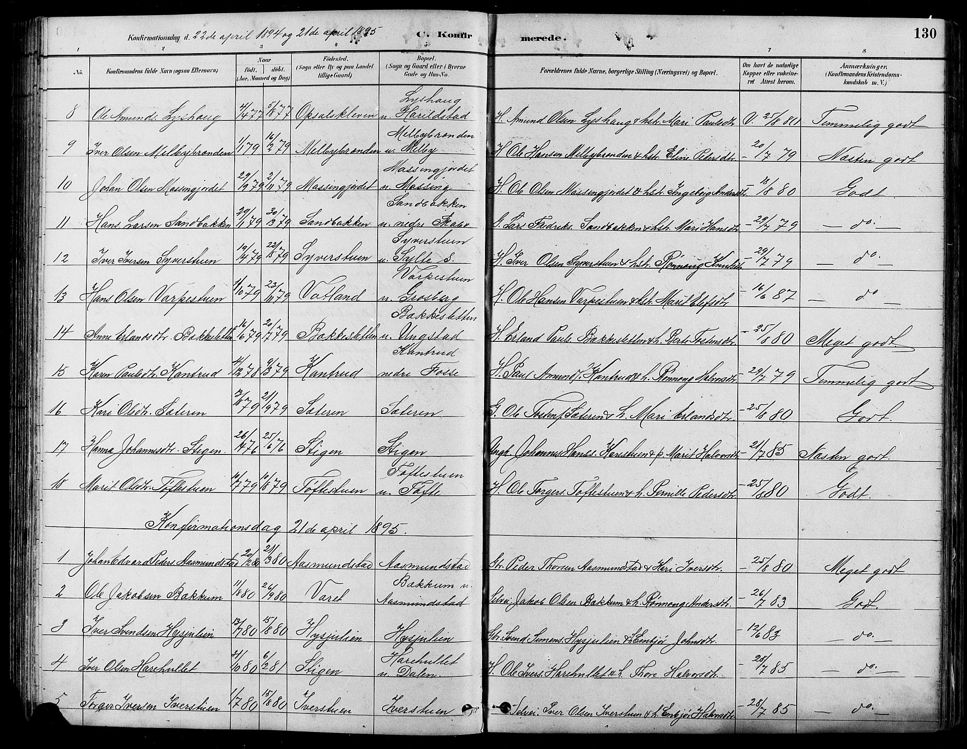 Nord-Fron prestekontor, SAH/PREST-080/H/Ha/Hab/L0005: Parish register (copy) no. 5, 1884-1914, p. 130