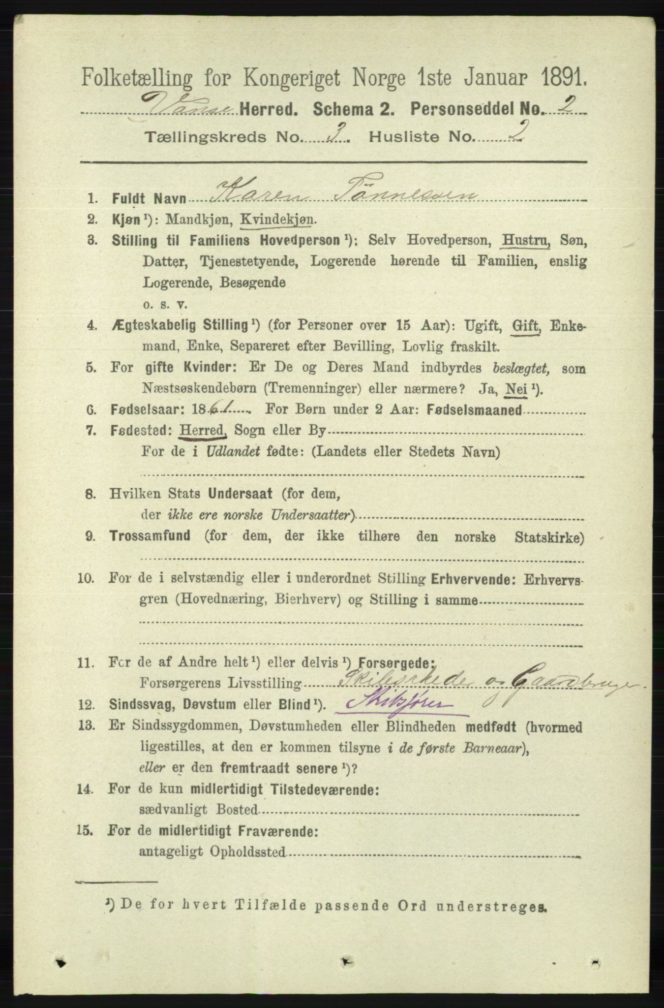 RA, 1891 census for 1041 Vanse, 1891, p. 1405