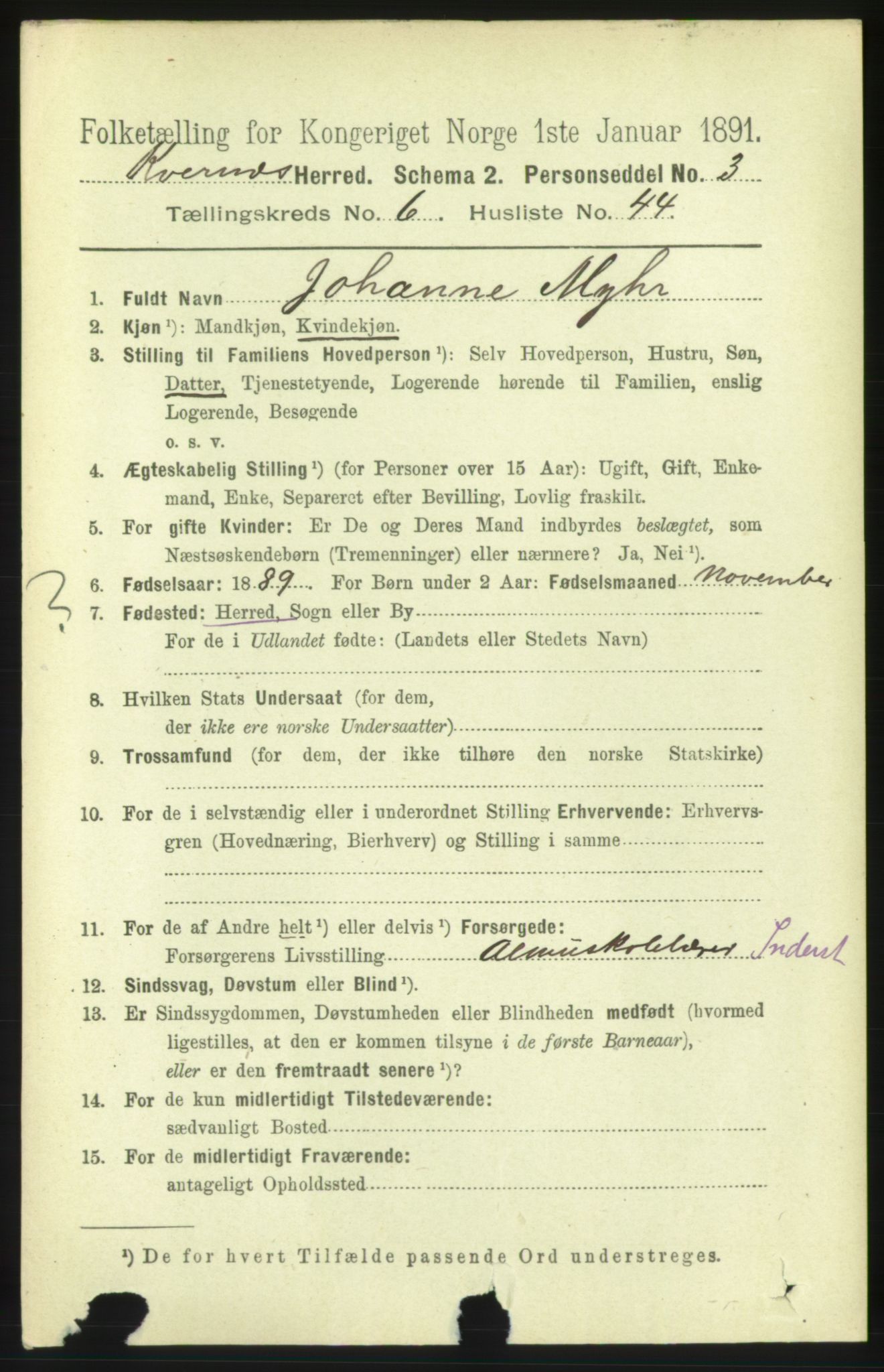 RA, 1891 census for 1553 Kvernes, 1891, p. 3208