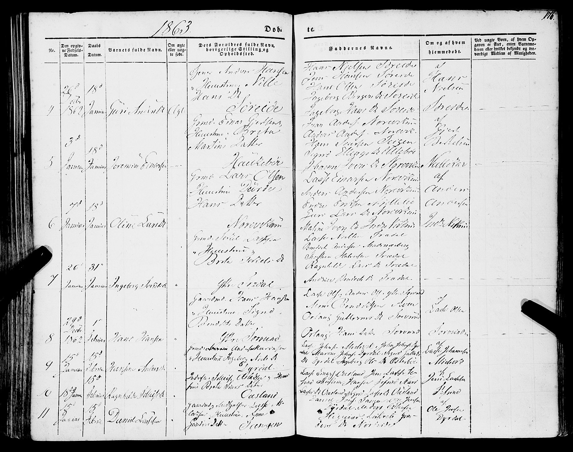 Lavik sokneprestembete, SAB/A-80901: Parish register (official) no. A 3, 1843-1863, p. 176
