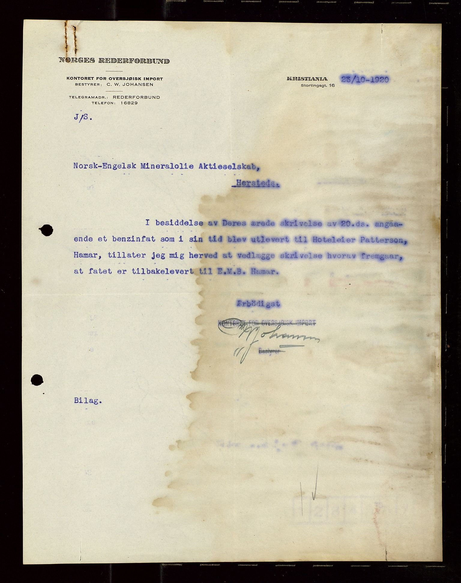 Pa 1521 - A/S Norske Shell, AV/SAST-A-101915/E/Ea/Eaa/L0009: Sjefskorrespondanse, 1920, p. 252