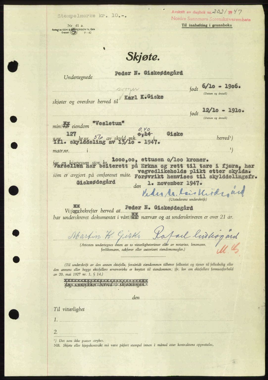 Nordre Sunnmøre sorenskriveri, AV/SAT-A-0006/1/2/2C/2Ca: Mortgage book no. A26, 1947-1948, Diary no: : 2021/1947