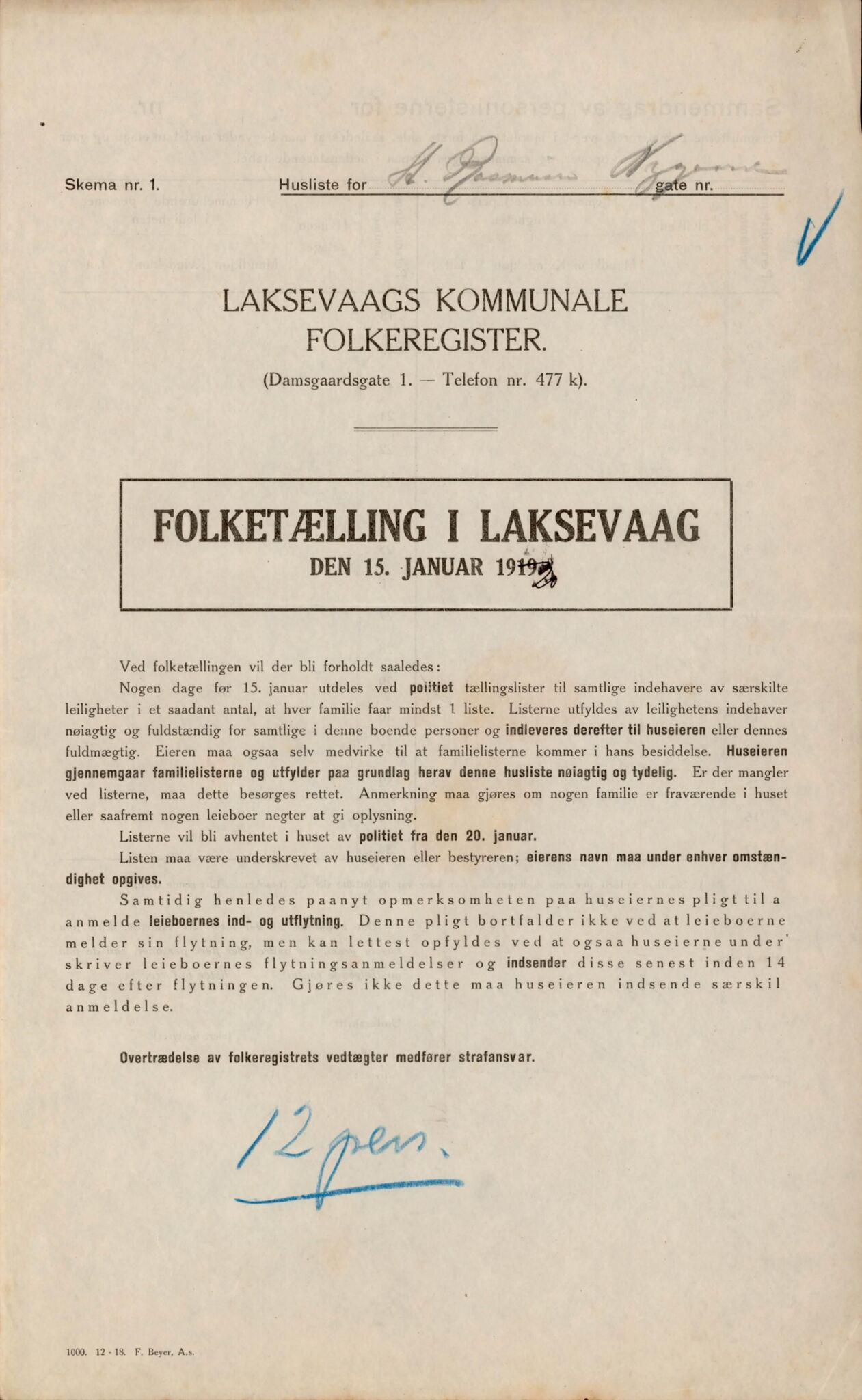 Laksevåg kommune. Folkeregisteret, BBA/A-1586/E/Ea/L0002: Folketellingskjema 1920, 1920