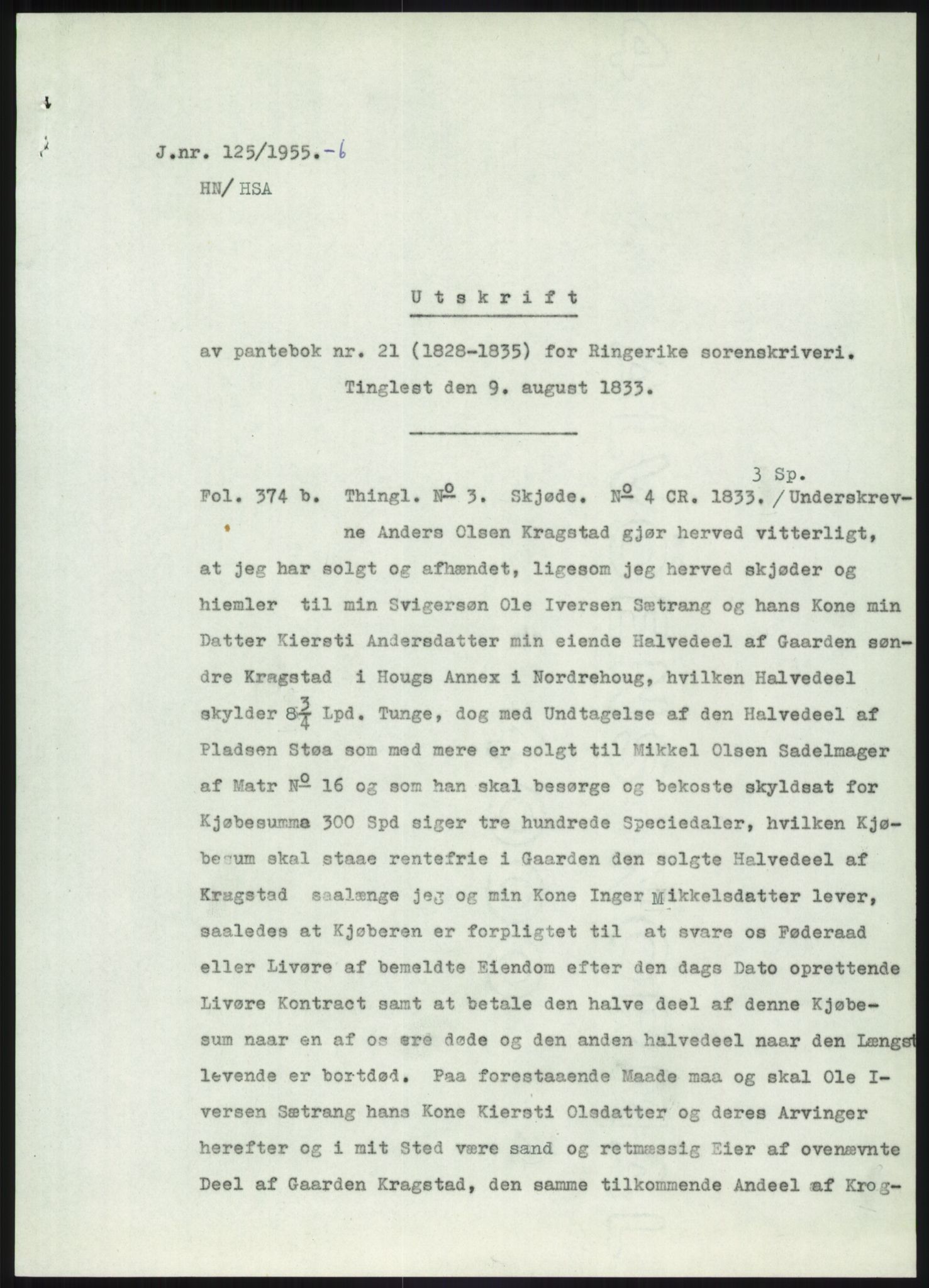 Statsarkivet i Kongsberg, AV/SAKO-A-0001/E/Ee/L0002: Avskrifter, SAO jnr. 961/1954 - 149/1955, 1954-1955, p. 393
