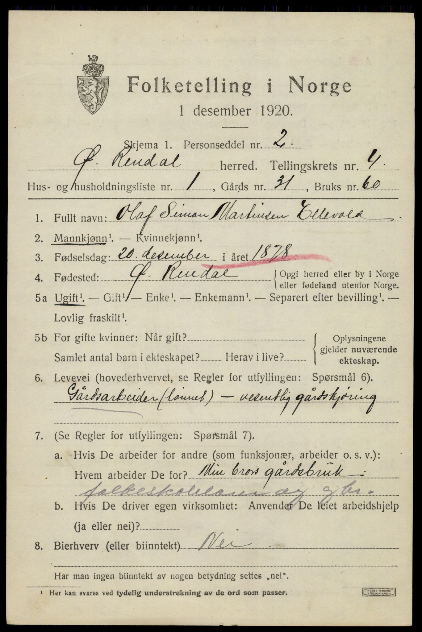 SAH, 1920 census for Øvre Rendal, 1920, p. 1583