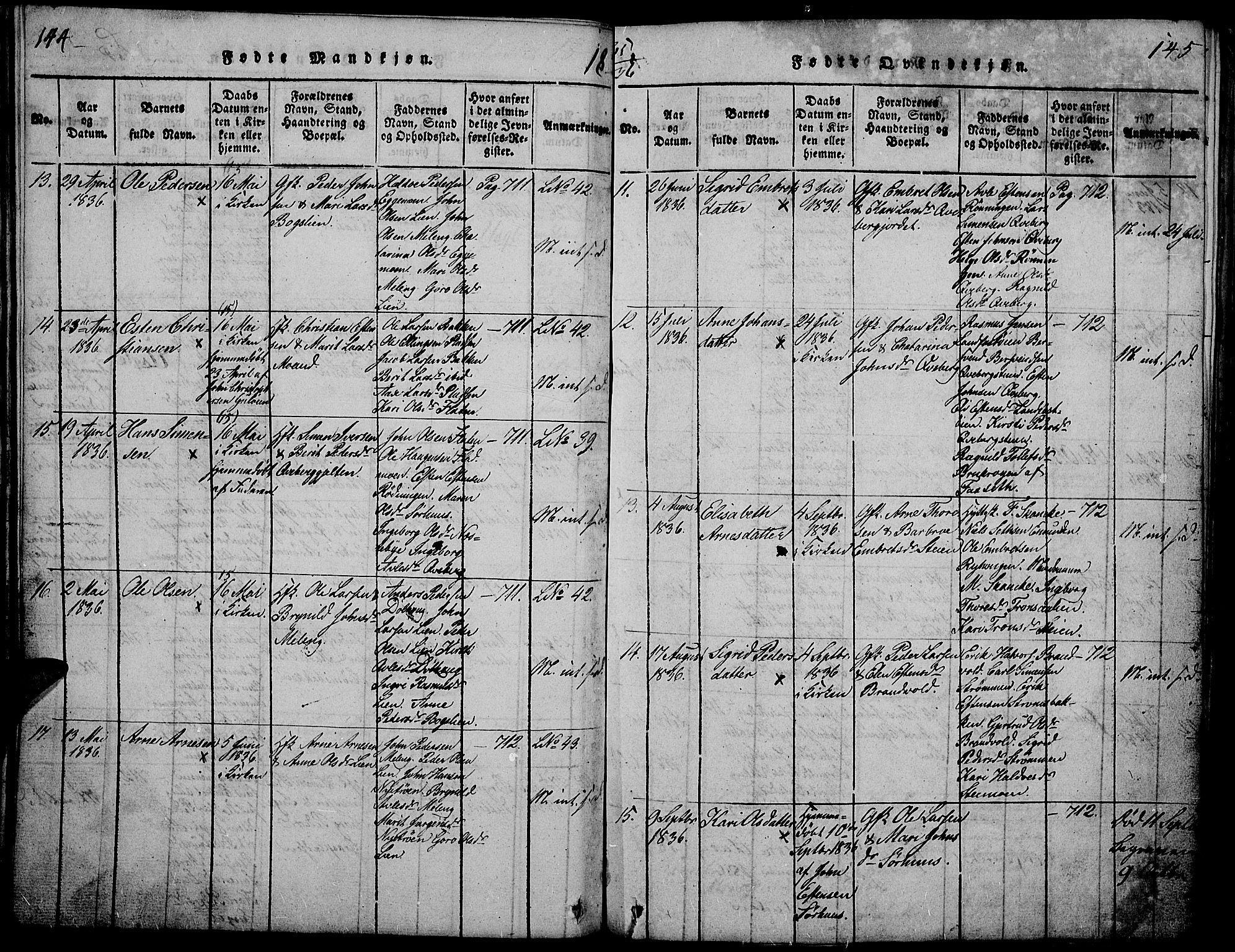 Tynset prestekontor, SAH/PREST-058/H/Ha/Hab/L0002: Parish register (copy) no. 2, 1814-1862, p. 144-145