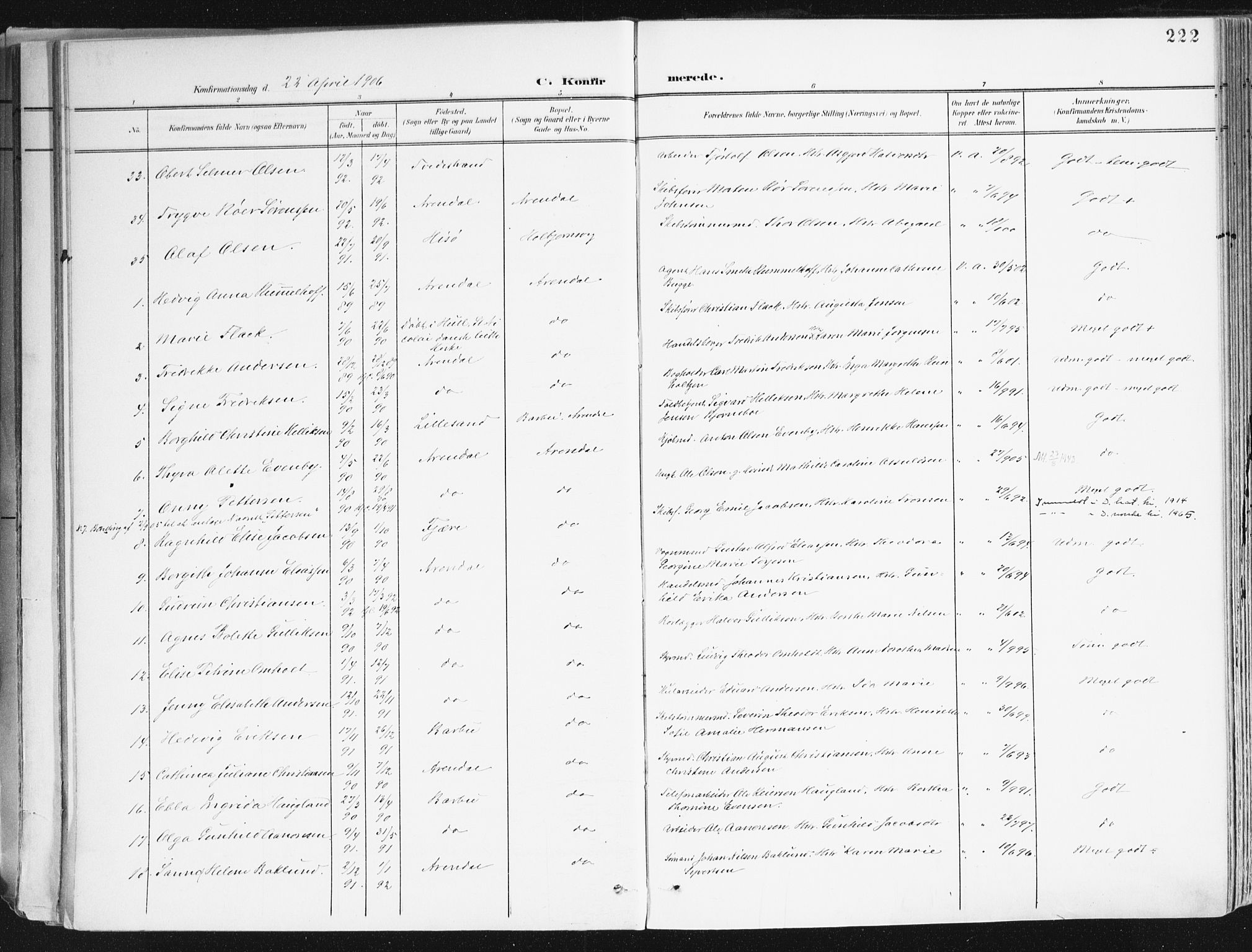 Arendal sokneprestkontor, Trefoldighet, AV/SAK-1111-0040/F/Fa/L0010: Parish register (official) no. A 10, 1900-1919, p. 222