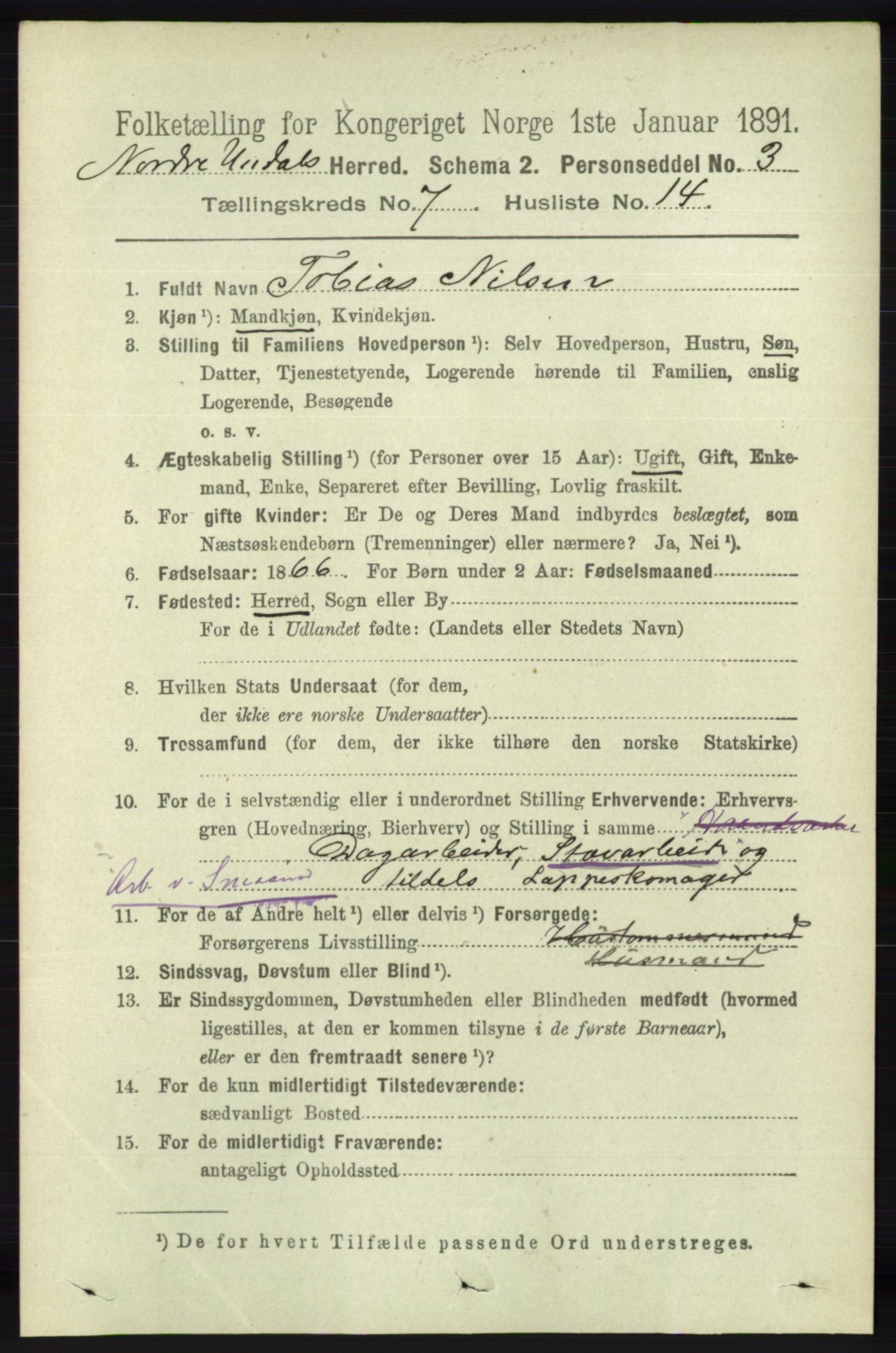 RA, 1891 census for 1028 Nord-Audnedal, 1891, p. 1873