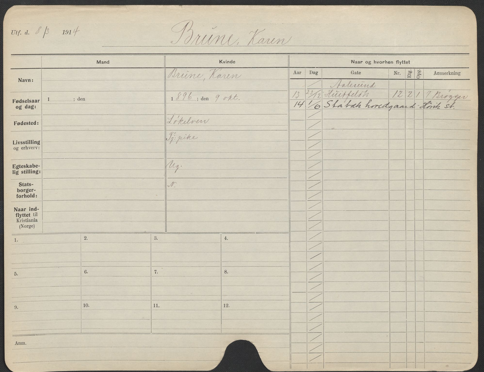 Oslo folkeregister, Registerkort, AV/SAO-A-11715/F/Fa/Fac/L0013: Kvinner, 1906-1914, p. 900a