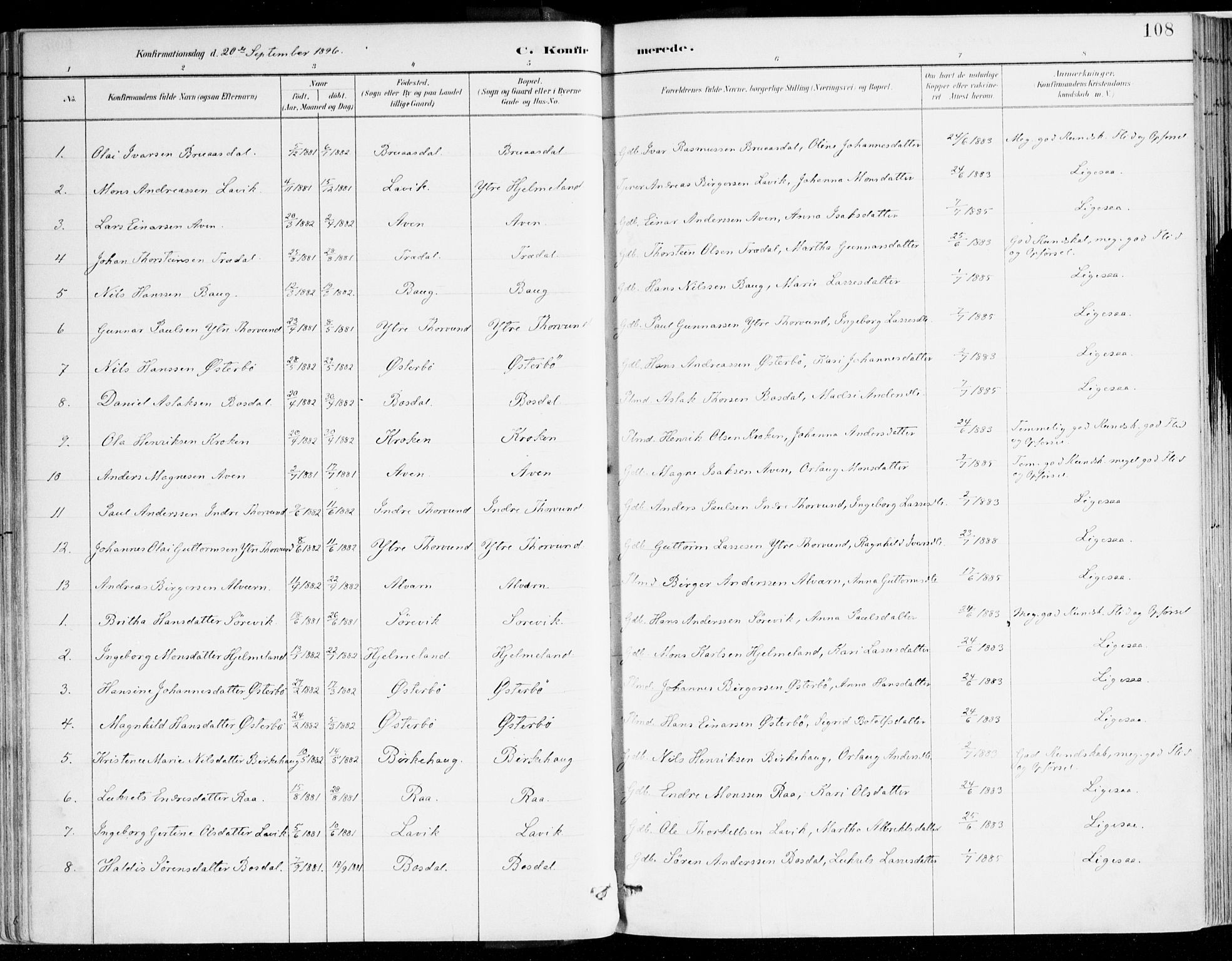 Lavik sokneprestembete, AV/SAB-A-80901: Parish register (official) no. B 1, 1882-1908, p. 108