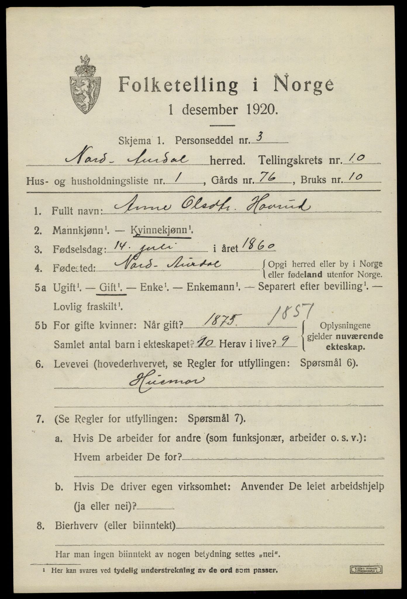 SAH, 1920 census for Nord-Aurdal, 1920, p. 7882