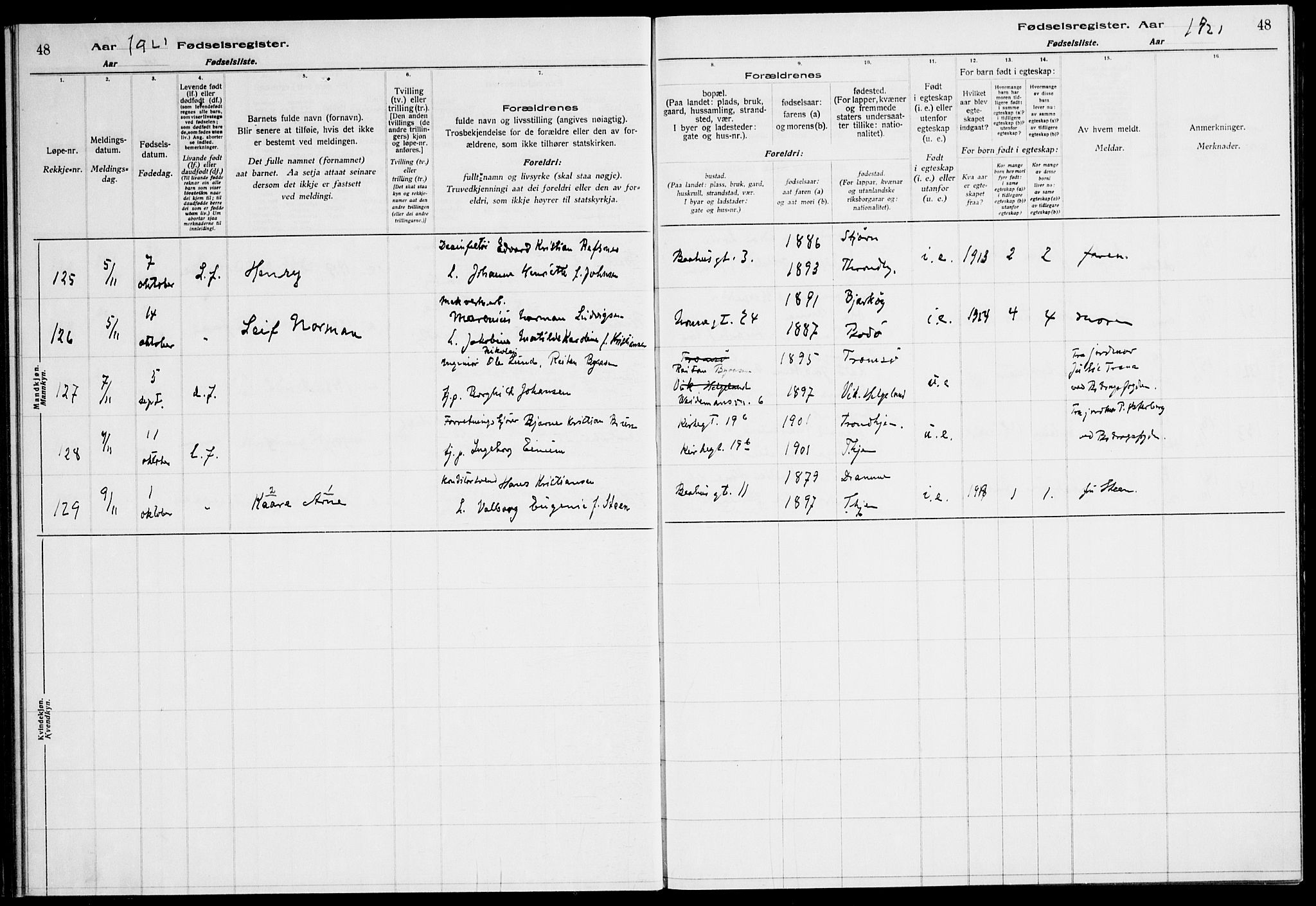 Ministerialprotokoller, klokkerbøker og fødselsregistre - Sør-Trøndelag, AV/SAT-A-1456/604/L0233: Birth register no. 604.II.4.2, 1920-1928, p. 48