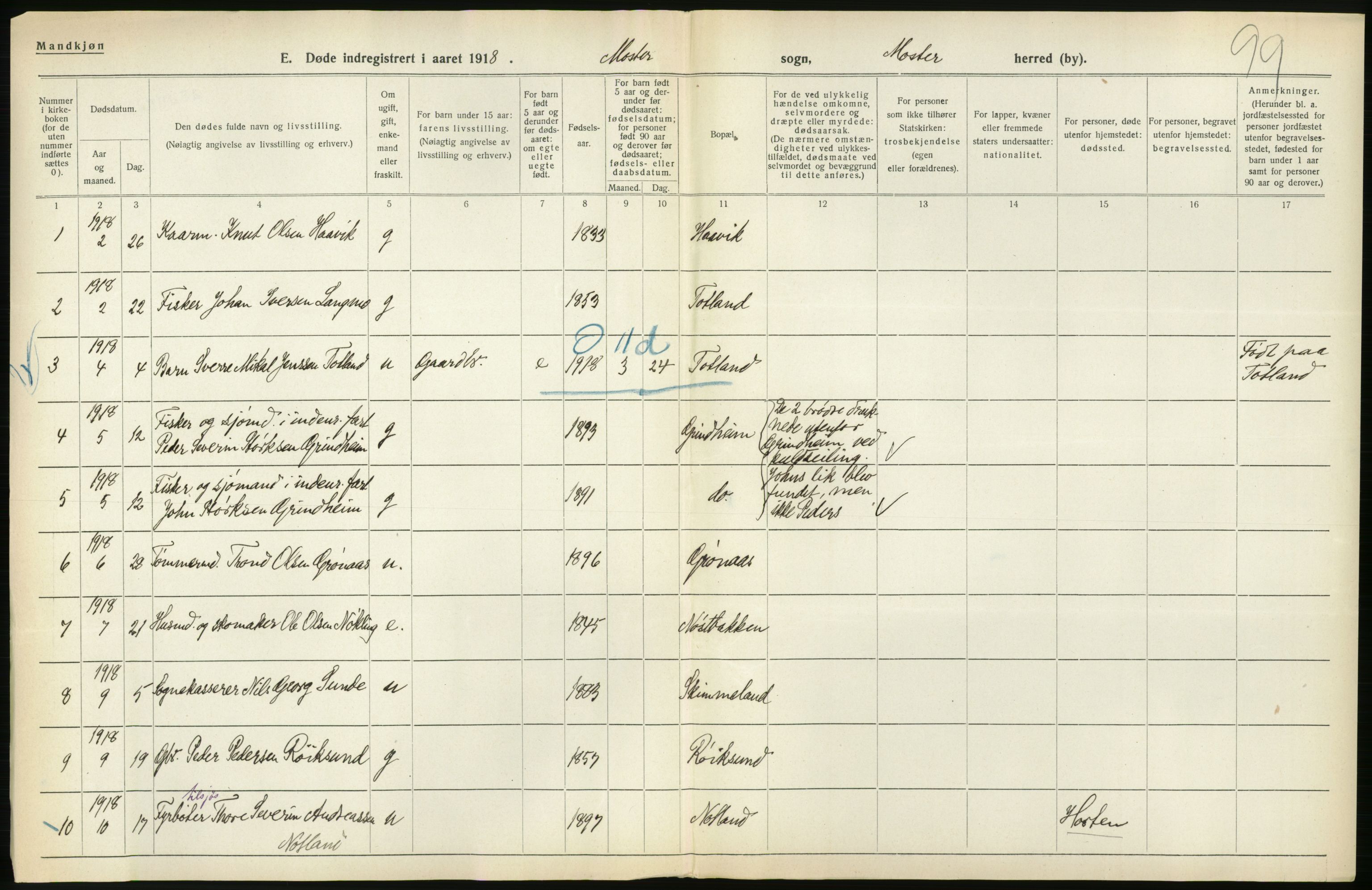 Statistisk sentralbyrå, Sosiodemografiske emner, Befolkning, RA/S-2228/D/Df/Dfb/Dfbh/L0036: Hordaland fylke: Døde., 1918, p. 60