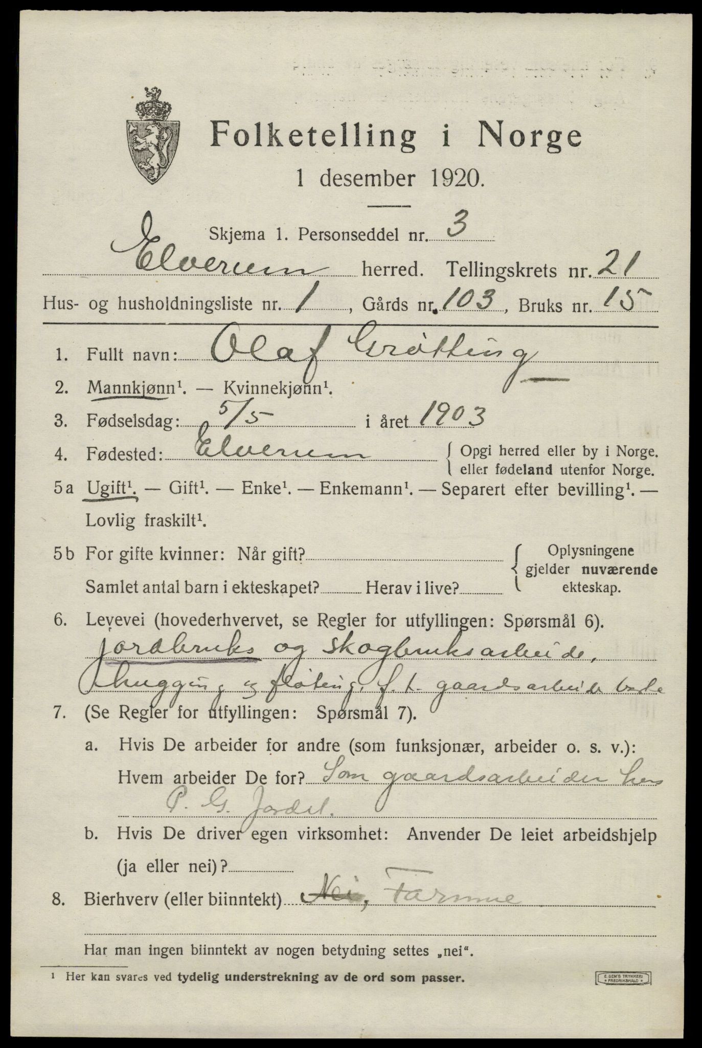 SAH, 1920 census for Elverum, 1920, p. 23828