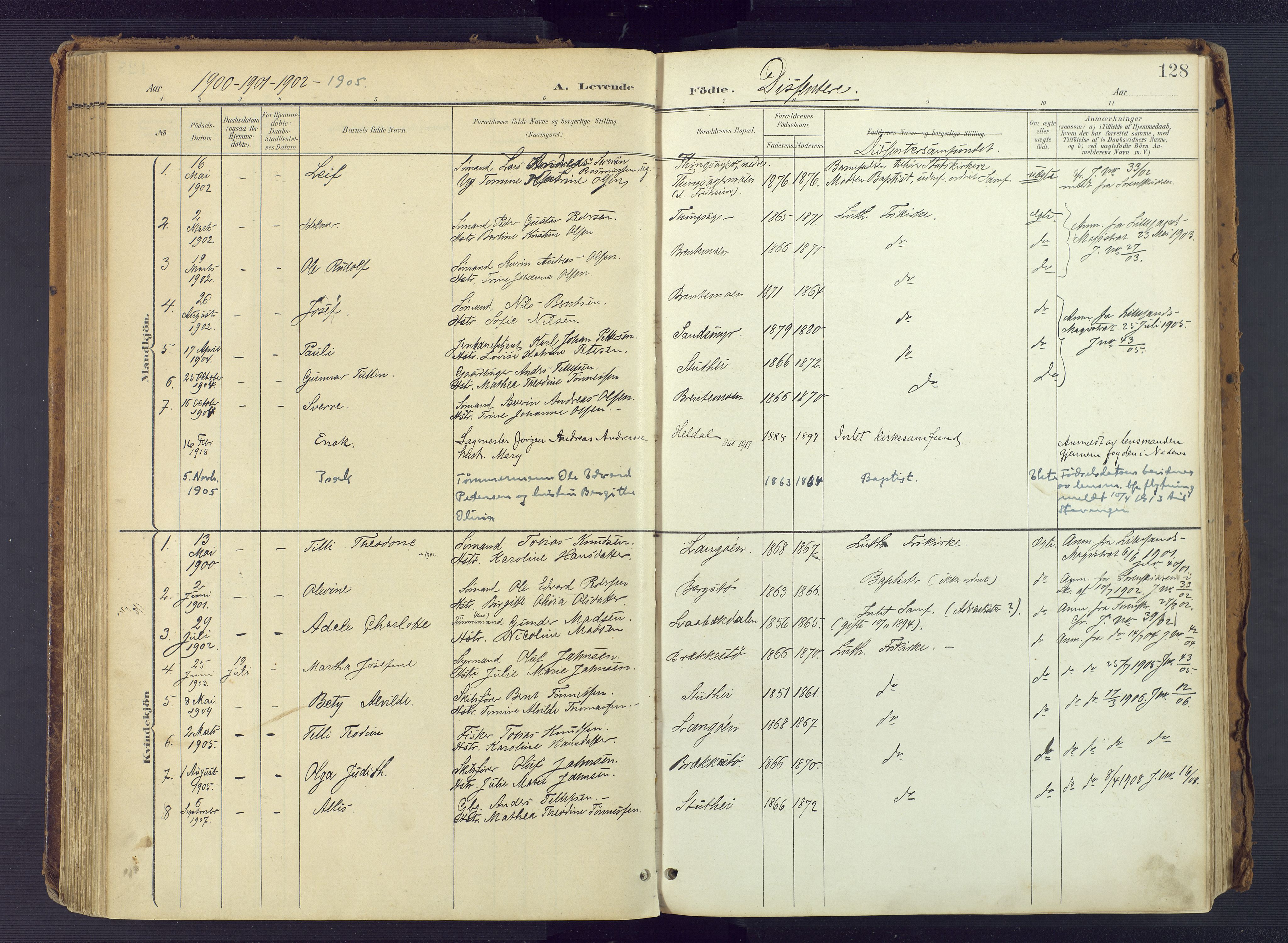 Vestre Moland sokneprestkontor, SAK/1111-0046/F/Fa/Fab/L0010: Parish register (official) no. A 10, 1900-1926, p. 128