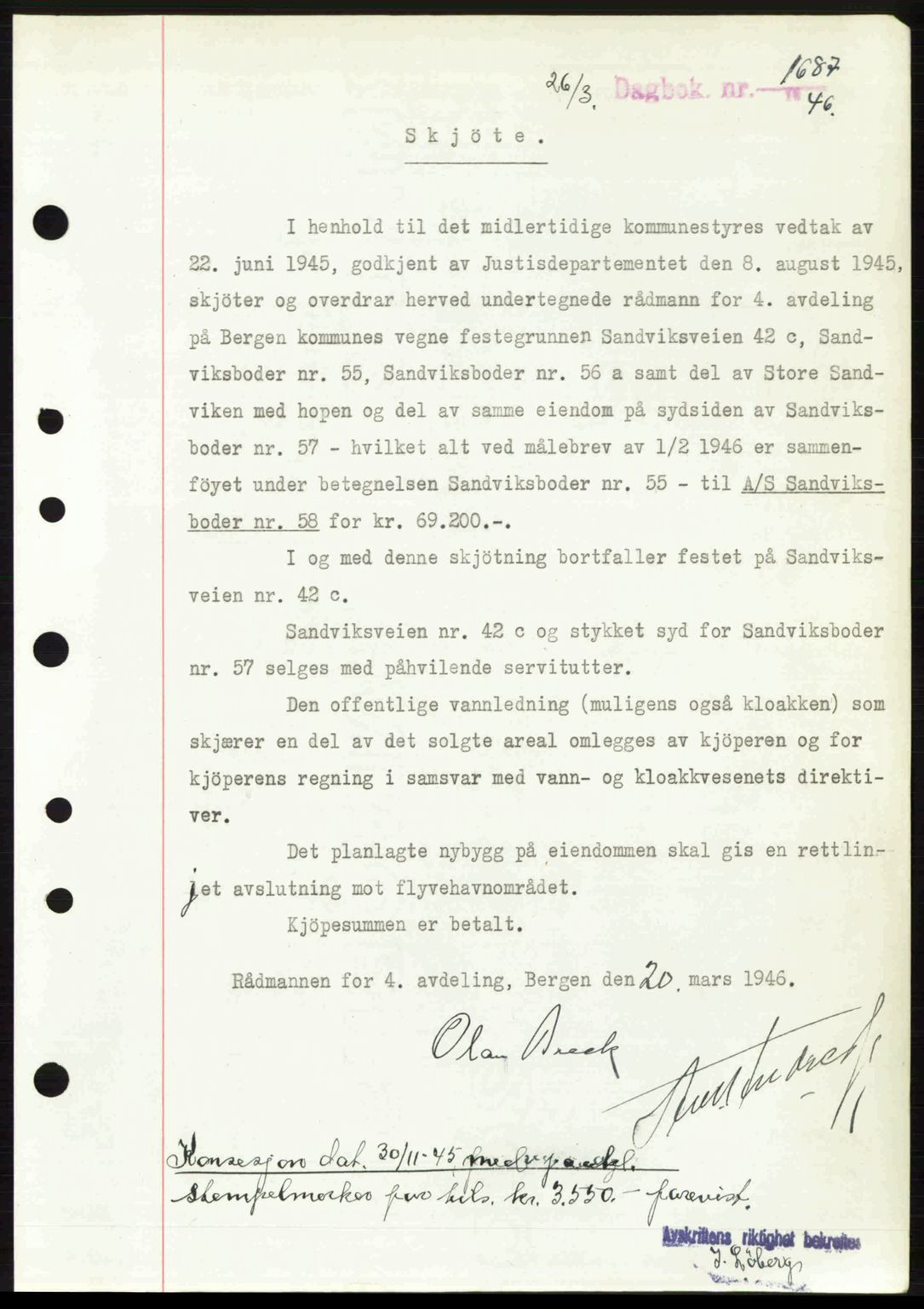 Byfogd og Byskriver i Bergen, SAB/A-3401/03/03Bc/L0022: Mortgage book no. A18, 1946-1946, Diary no: : 1687/1946
