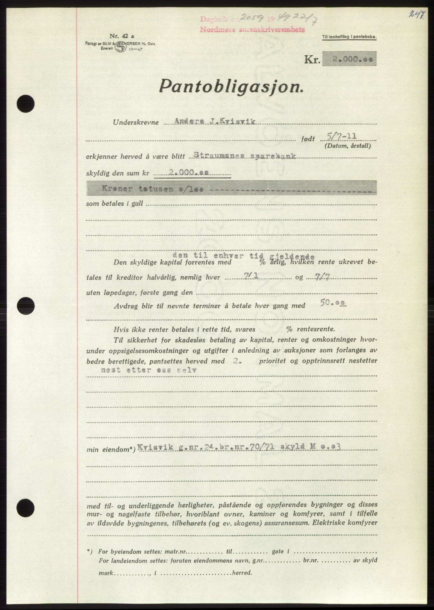 Nordmøre sorenskriveri, AV/SAT-A-4132/1/2/2Ca: Mortgage book no. B102, 1949-1949, Diary no: : 2059/1949