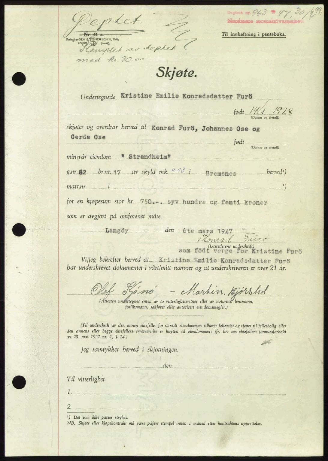 Nordmøre sorenskriveri, AV/SAT-A-4132/1/2/2Ca: Mortgage book no. A104, 1947-1947, Diary no: : 963/1947