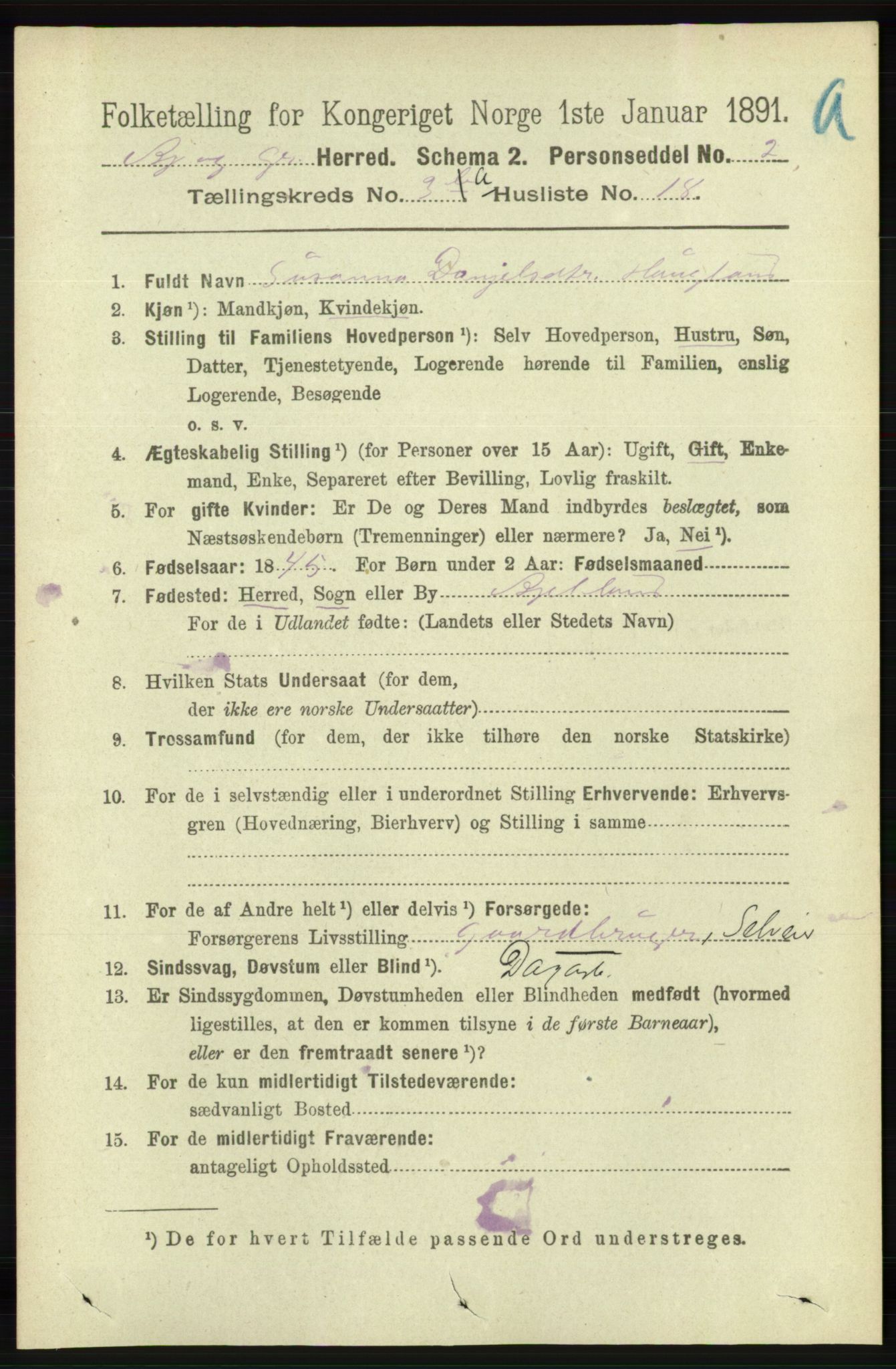 RA, 1891 census for 1024 Bjelland og Grindheim, 1891, p. 1556