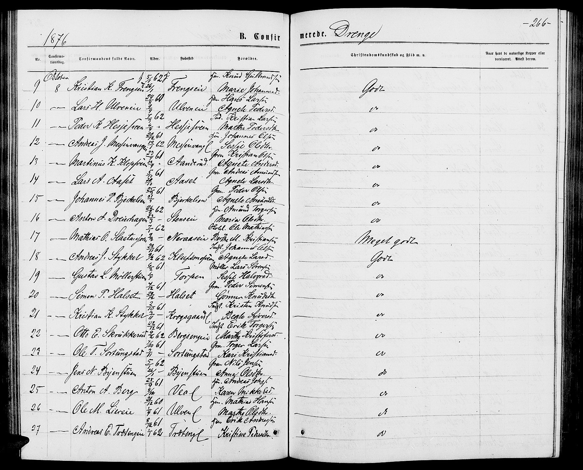 Ringsaker prestekontor, AV/SAH-PREST-014/L/La/L0008: Parish register (copy) no. 8, 1870-1878, p. 266