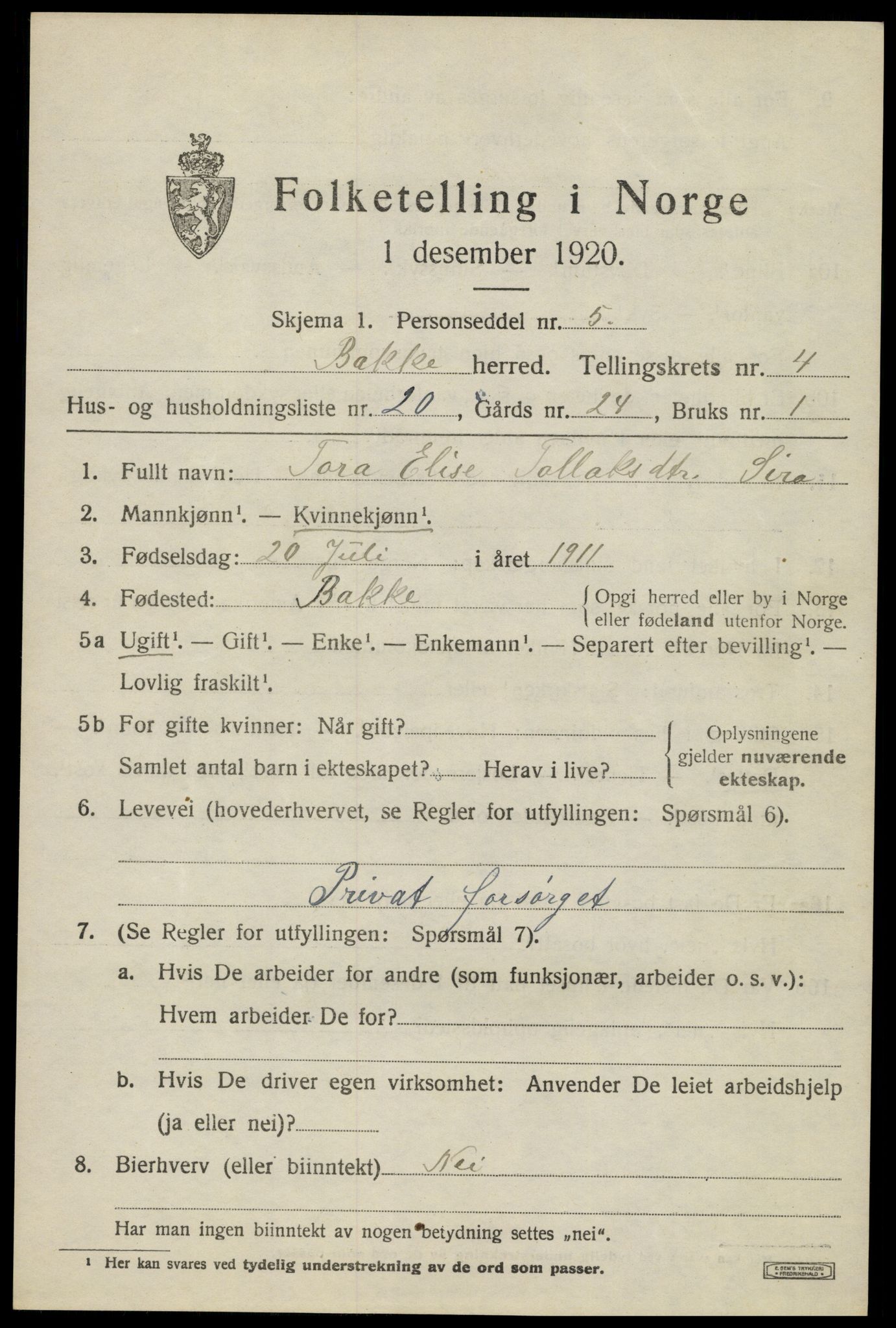 SAK, 1920 census for Bakke, 1920, p. 1426