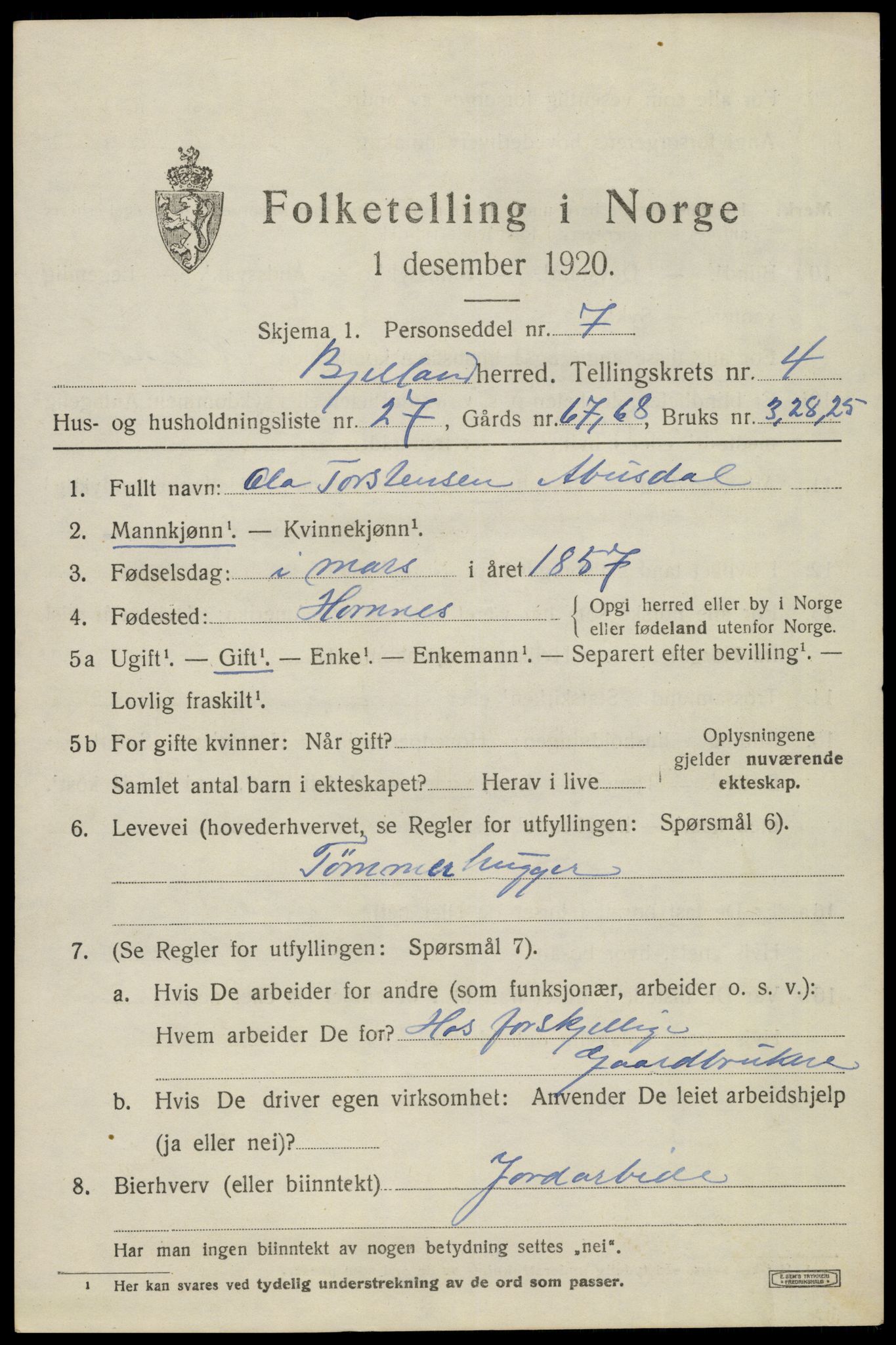 SAK, 1920 census for Bjelland, 1920, p. 1473