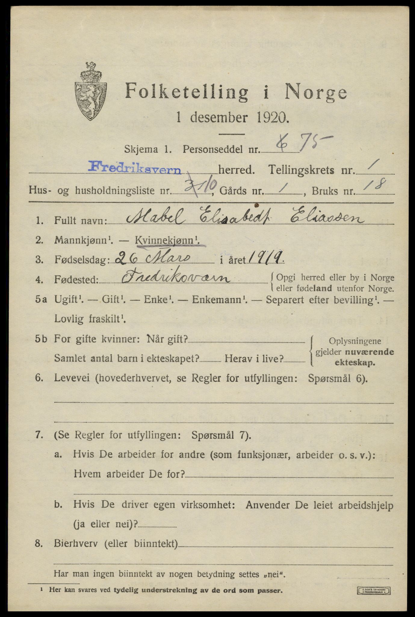 SAKO, 1920 census for Fredriksvern, 1920, p. 599