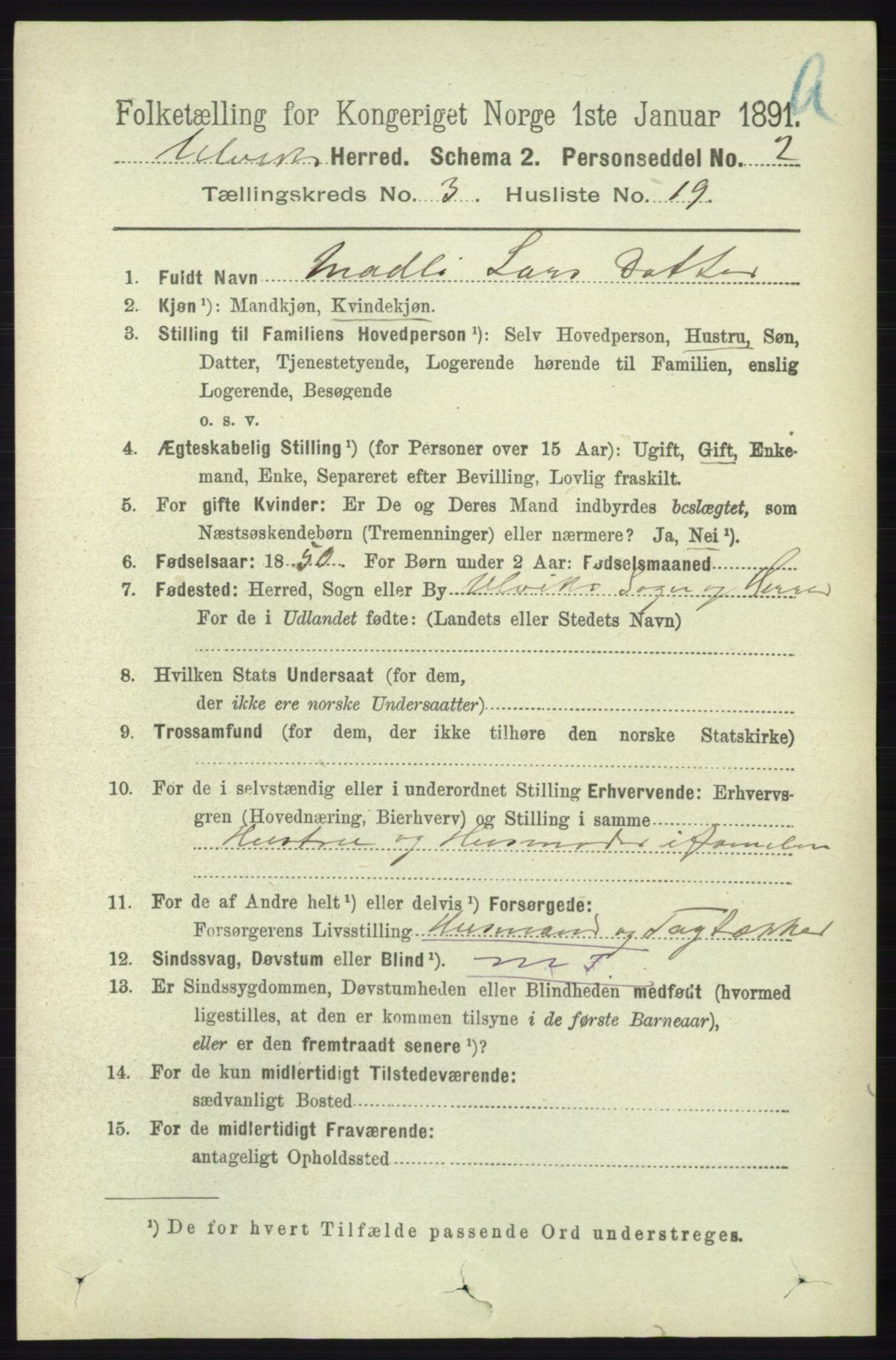 RA, 1891 census for 1233 Ulvik, 1891, p. 418