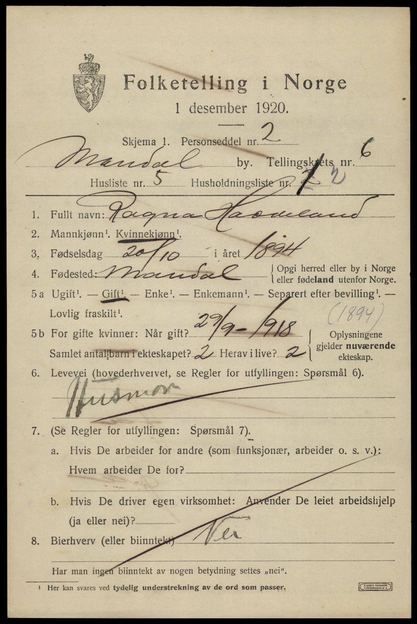 SAK, 1920 census for Mandal, 1920, p. 9167