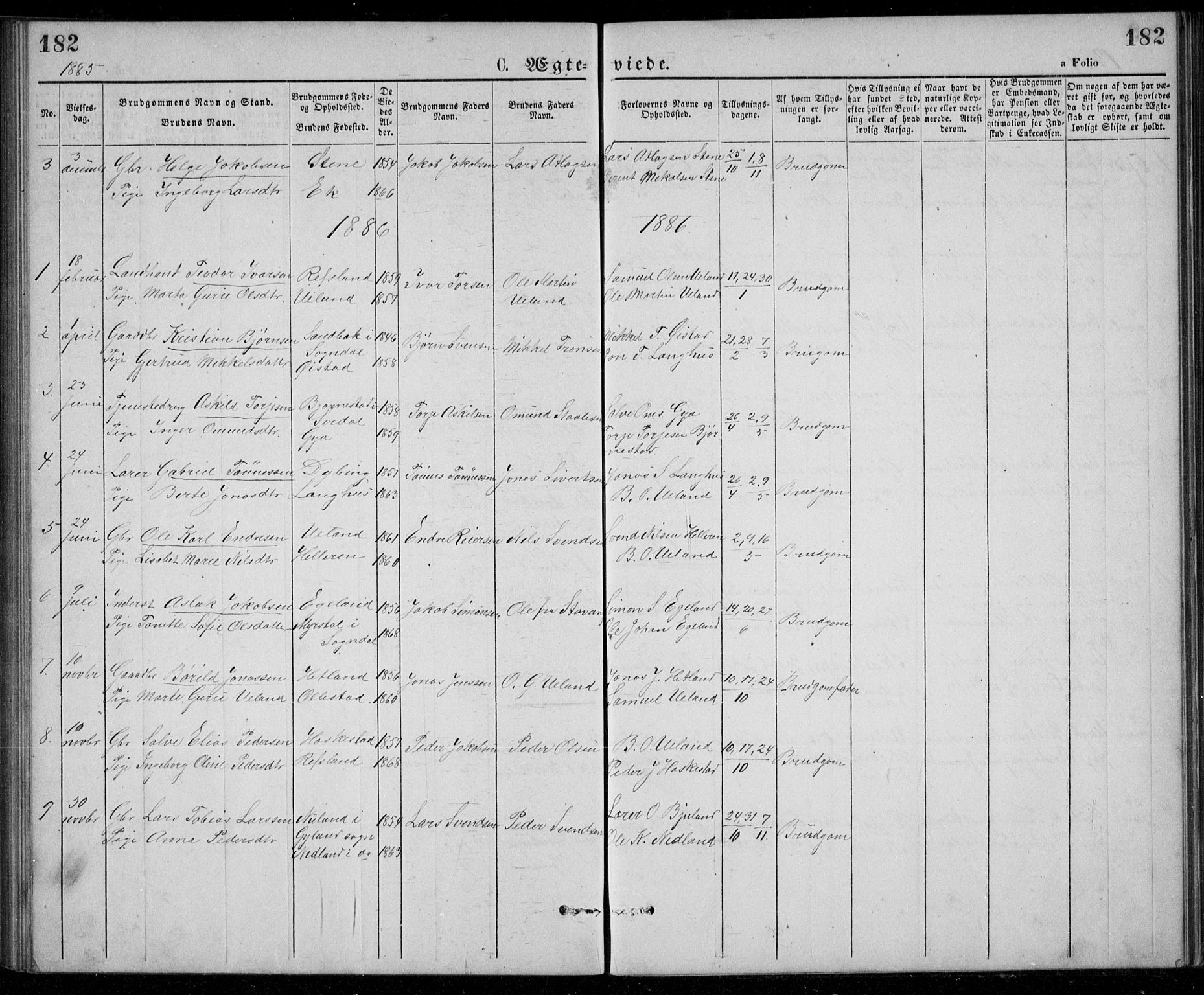 Lund sokneprestkontor, SAST/A-101809/S07/L0005: Parish register (copy) no. B 5, 1875-1889, p. 182