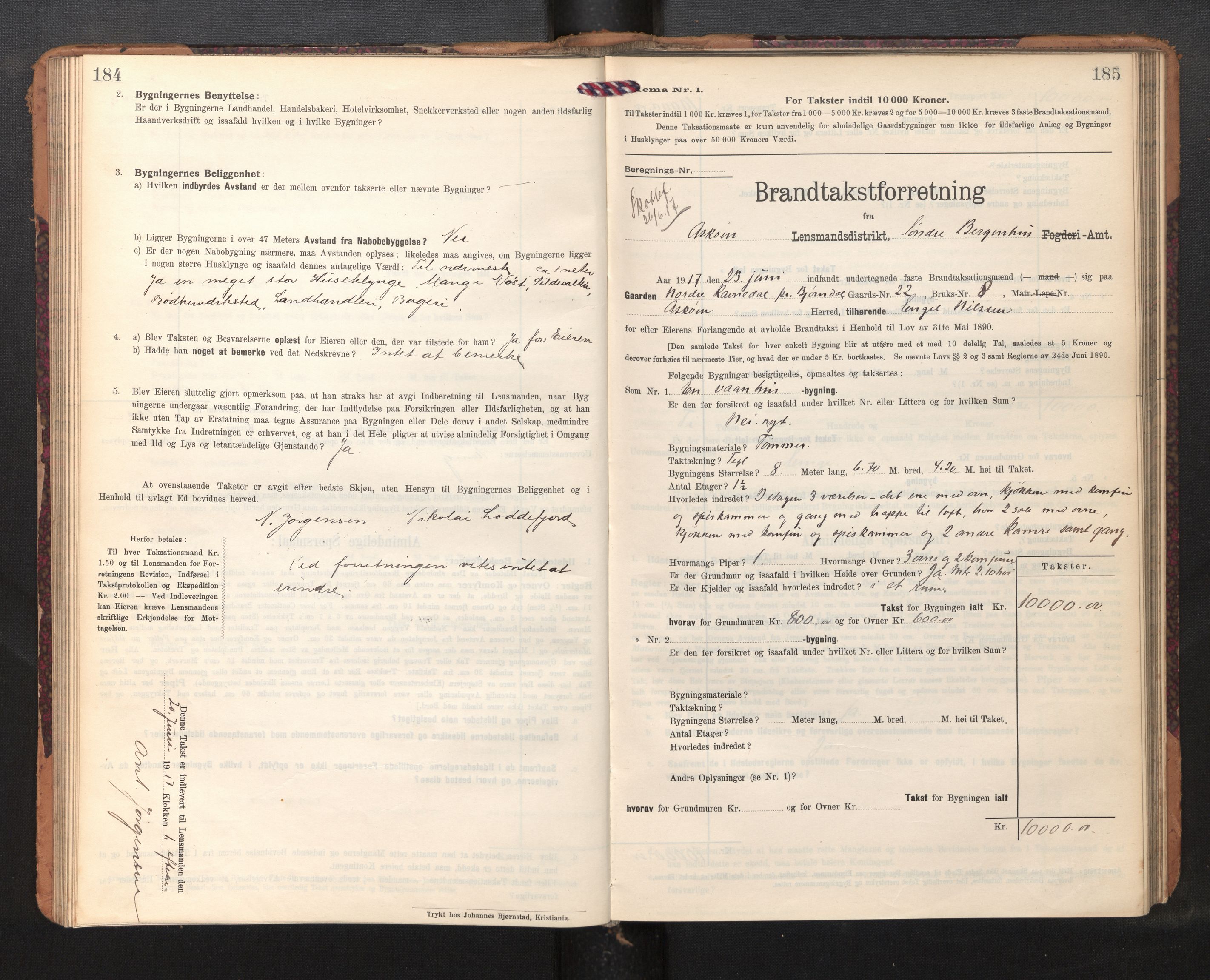 Lensmannen i Askøy, AV/SAB-A-31001/0012/L0007: Branntakstprotokoll, skjematakst, 1910-1919, p. 184-185